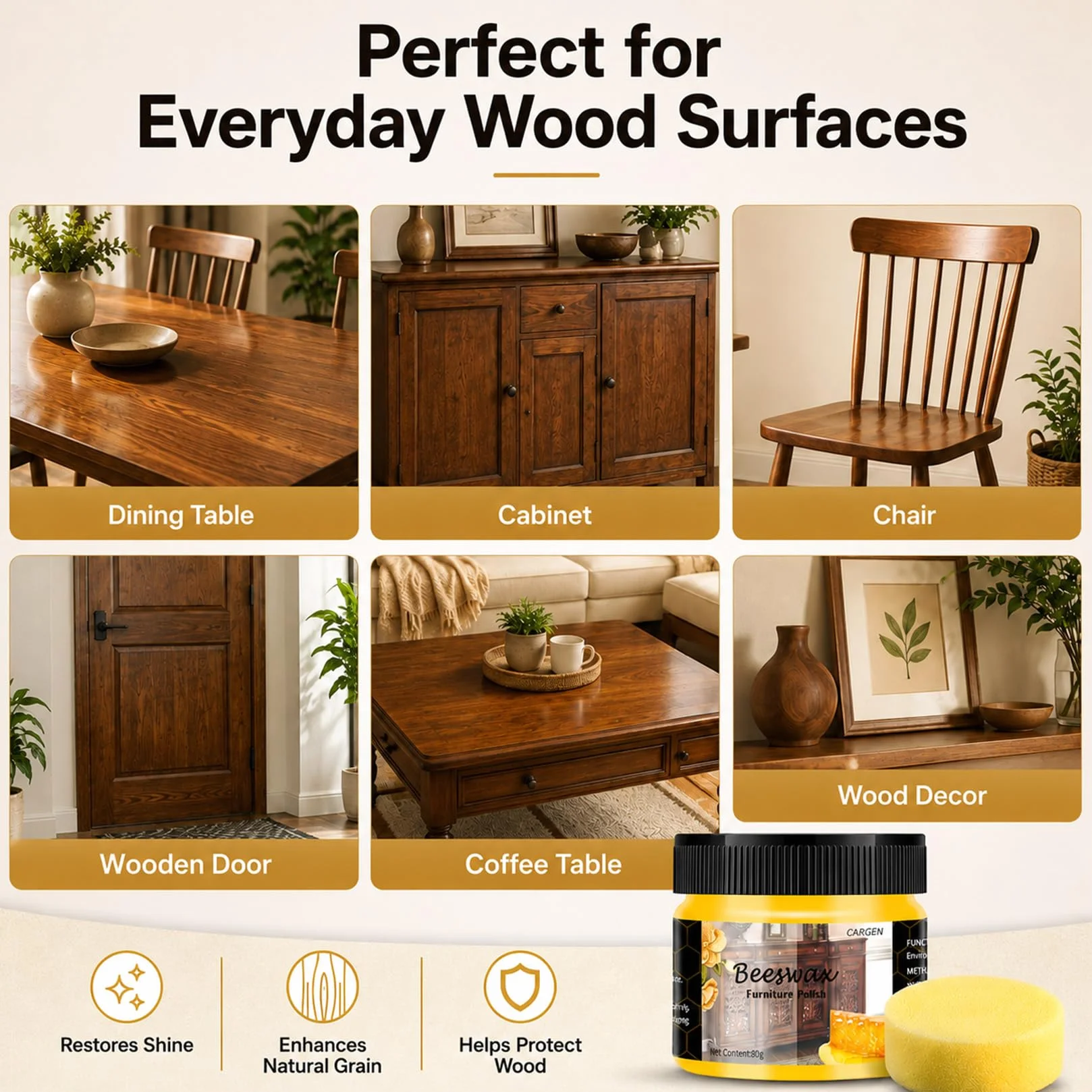 CARGEN Naturalny wosk pszczeli do drewna Wood Seasoning Beewax, 3 szt., tradycyjny, uniwersalny, do polerowania, czyszczenia i pielęgnacji mebli