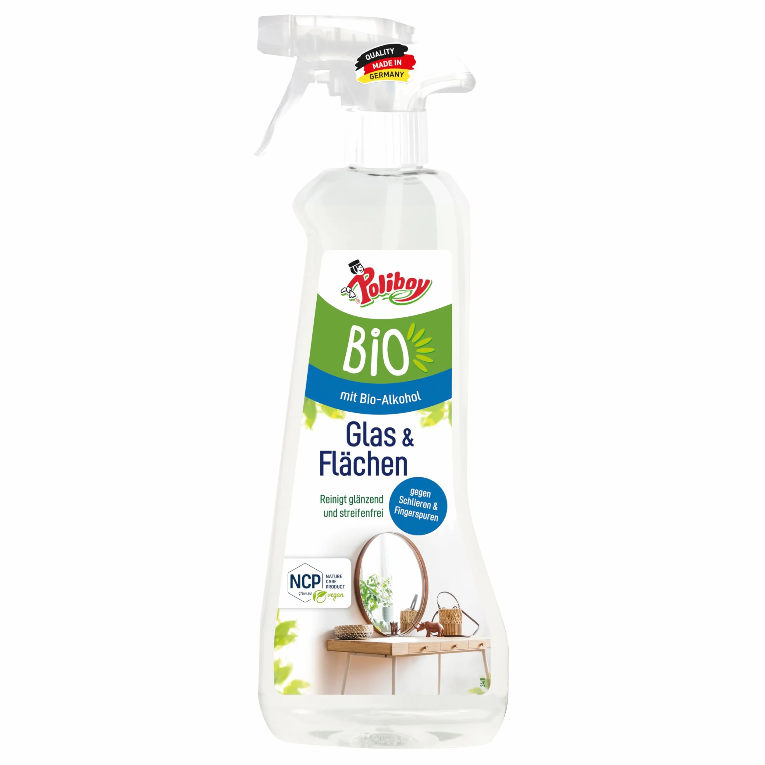 Poliboy Bio środek do czyszczenia szyb i powierzchni – do czyszczenia błyszczących powierzchni bez smug – wegański – butelka z rozpylaczem – 500 ml – Made in Germany