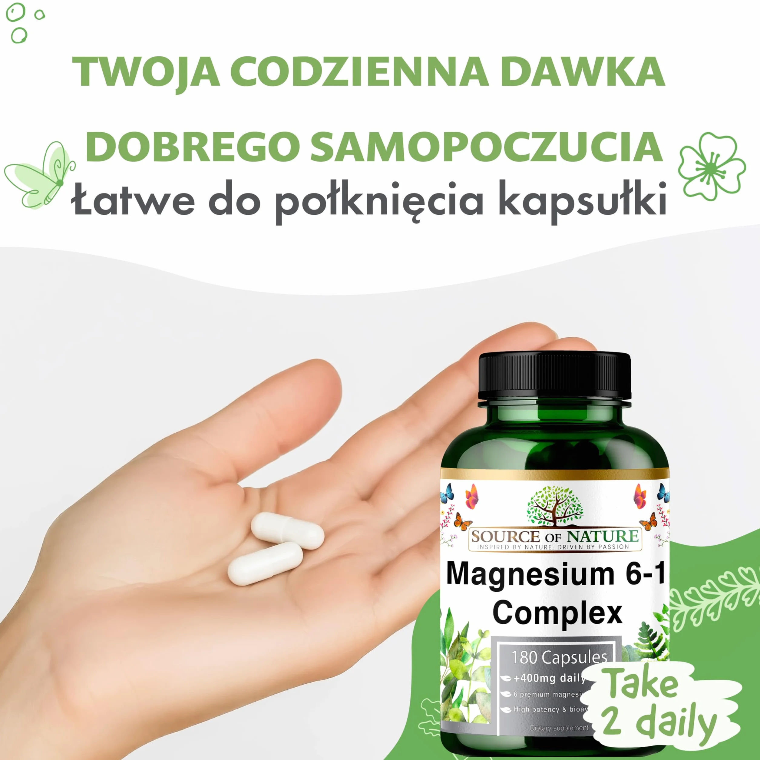 Magnez Kompleks 6-1 1500 mg Dziennie | 400 mg Magnezu Elementarnego | Tlenek, Bisglicynian, Jabłczan, Taurynian, Cytrynian & Asparaginian | 180 Kapsułek Wegańskich | Wysoka Dawka & Biodostępność