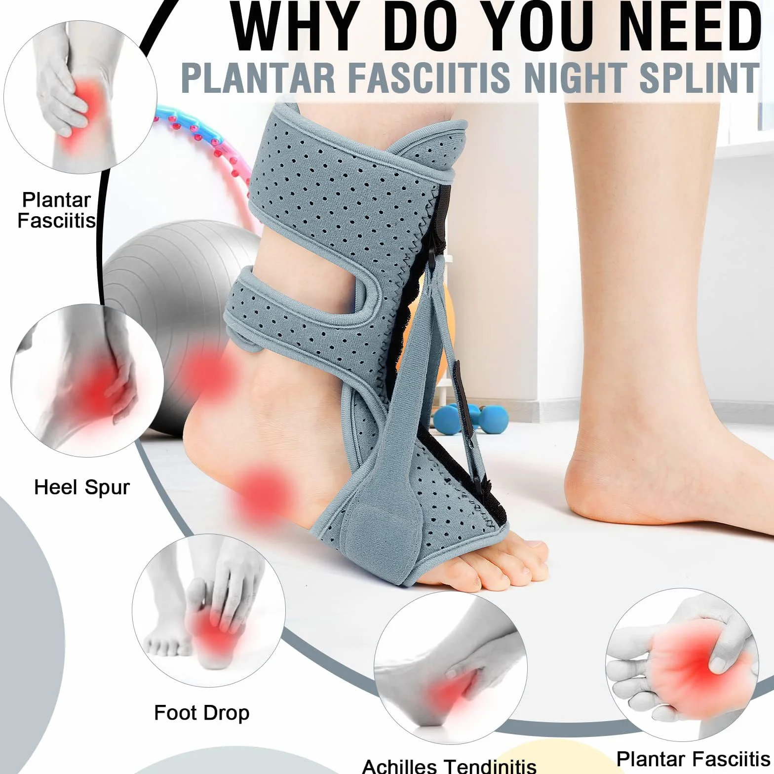 Plantarfasciitis szyna nocna z 3 regulowanymi paskami szara