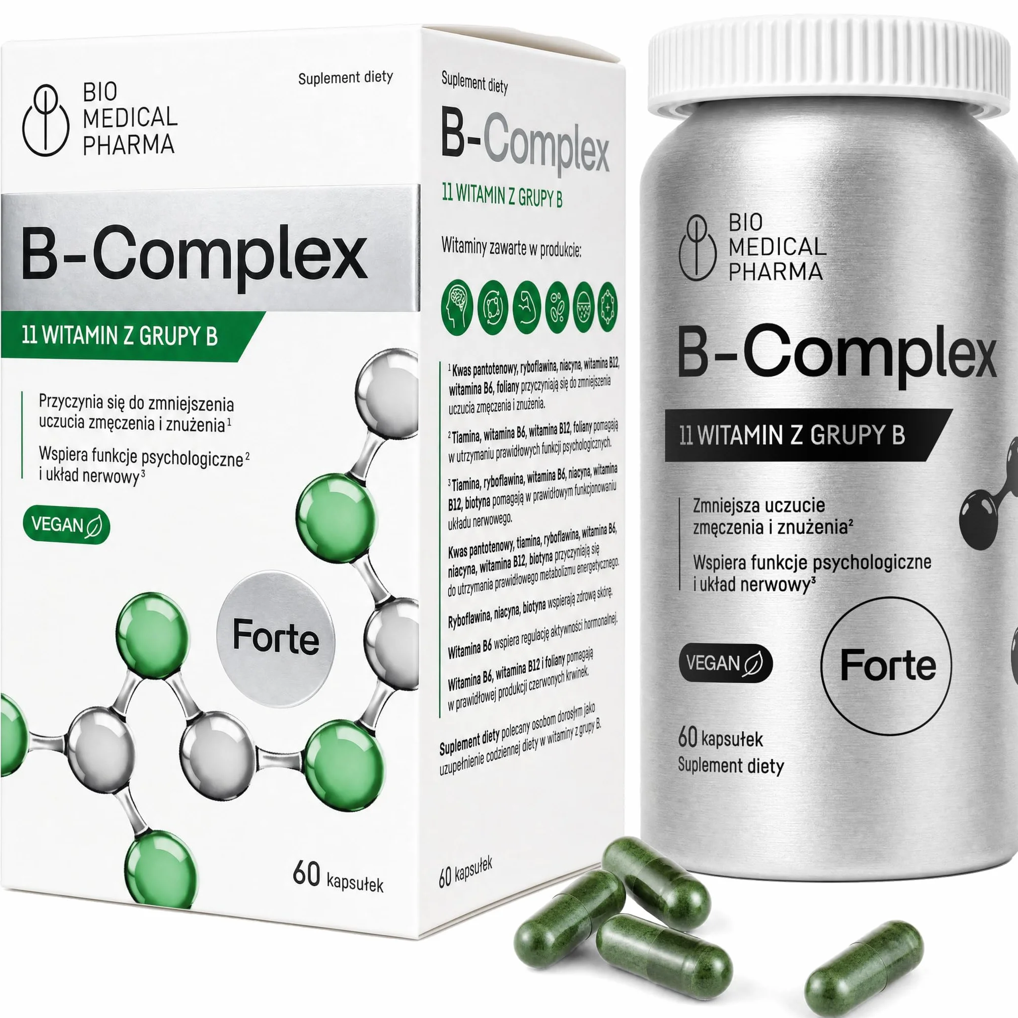 Witamina B Complex Wysoka Dawka – Wszystkie 11 Witamin B + 3 Aktywne Formy (Metylokobalamina, Folian, P-5-P) – Dla Energii, Układu Nerwowego i Psychiki – Wegańska, Bez Dodatków (60 Kaps., 2 Miesiące)
