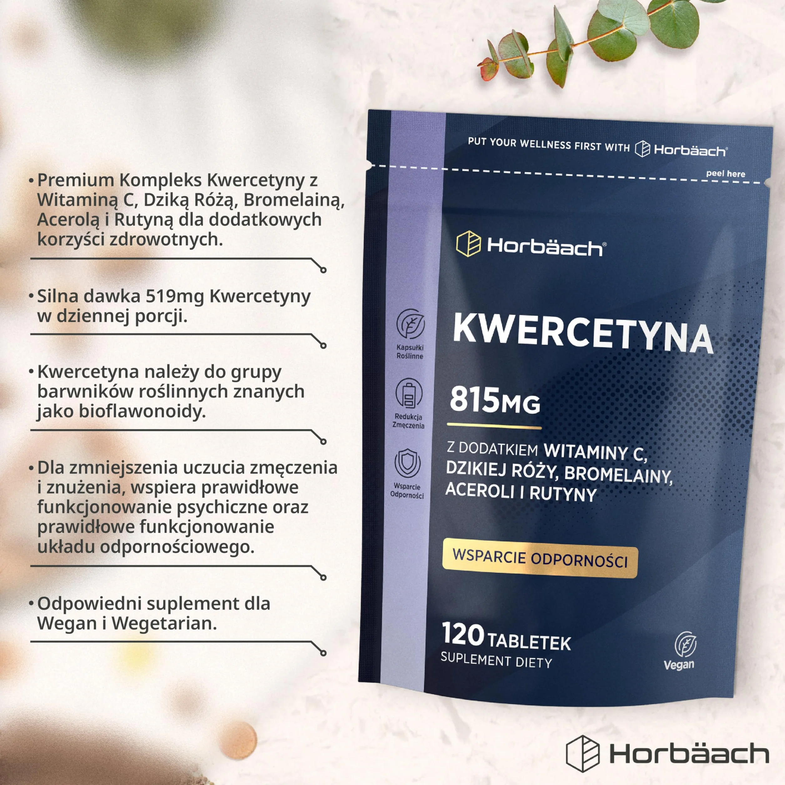 Kwercetyna z Bromelainą 819mg | Kwercetyna z Perełkowca Japońskiego z dodatkiem Bromelainy z Ananasa, Witaminy C, Dzikiej Róży, Aceroli, Rutyny | 120 Tabletek Wegańskich | marki Horbaach