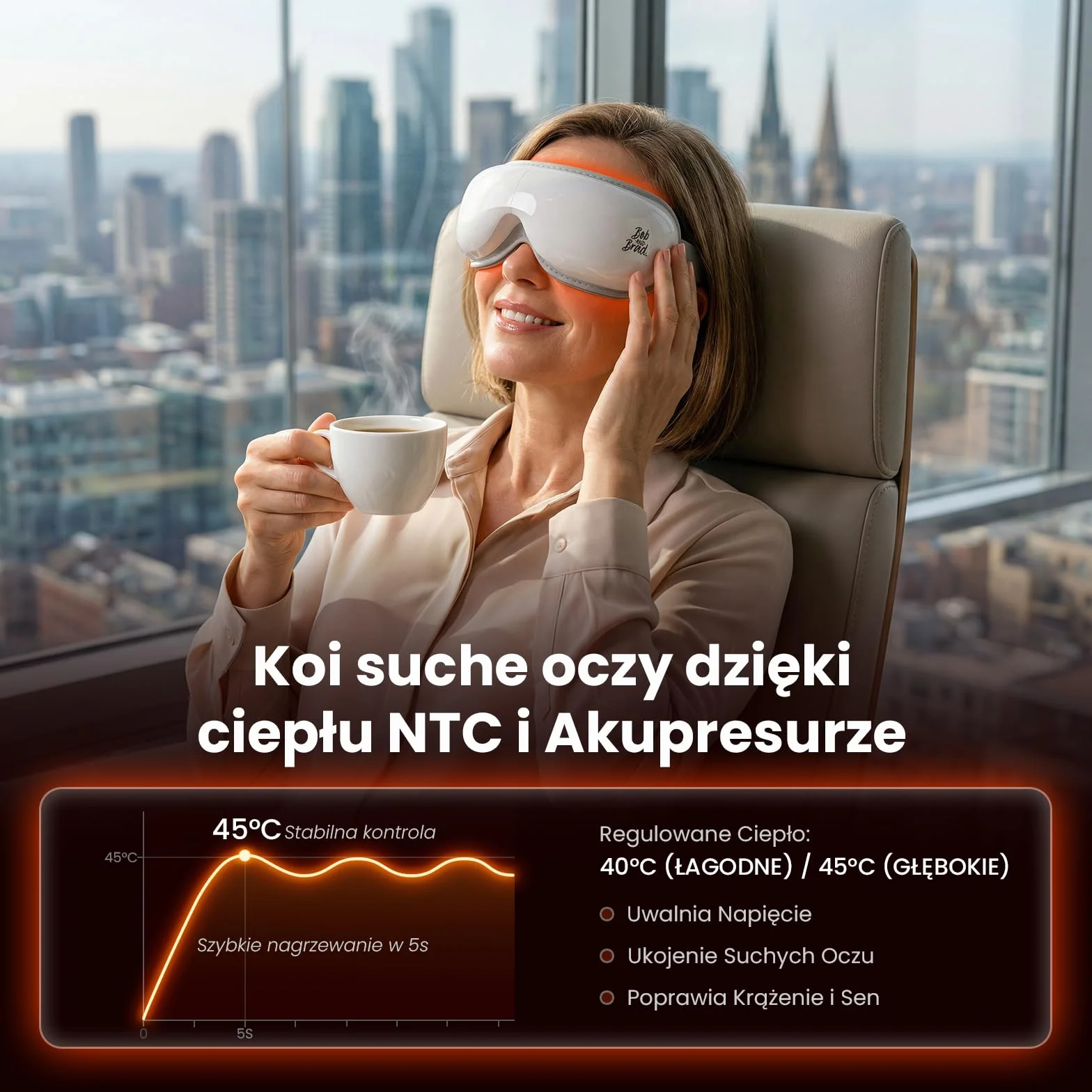 Bob and Brad EyeOasis 3 masażer do oczu z podgrzewaniem i chłodzeniem, kompresją i muzyką, inteligentna maska na oczy
