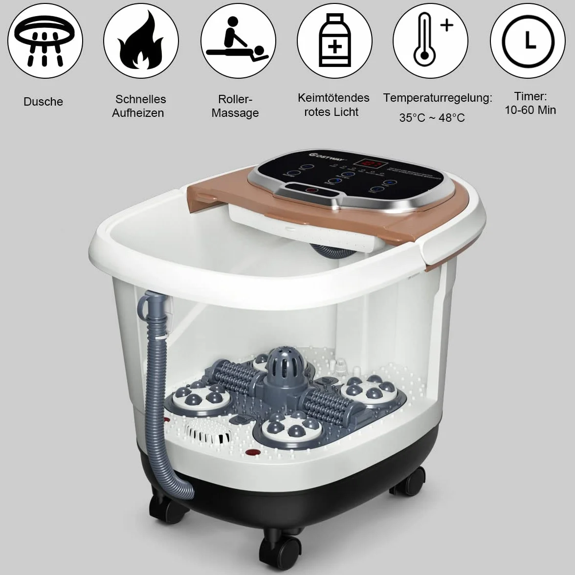COSTWAY Shiatsu masażer do stóp z kółkami, elektryczne urządzenie do masażu stóp, Shiatsu, masażer stóp, spa, 10-60 min, timer 35-48℃, 500 W (brązowy)