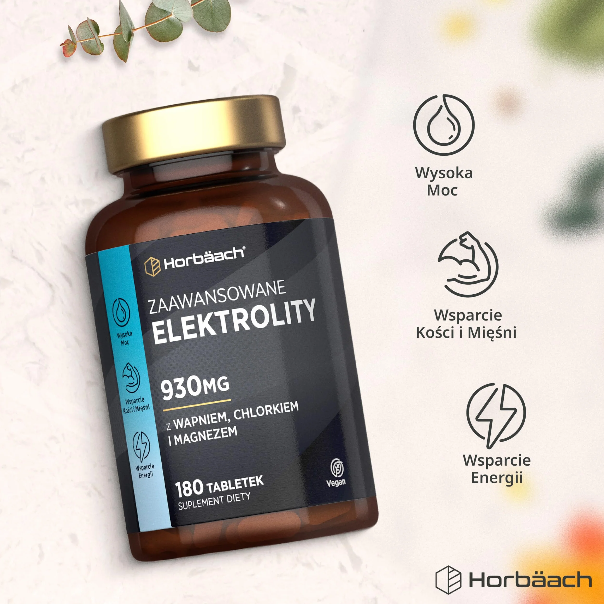 Elektrolity 930mg z Potasem, Chlorkiem, Wapniem, Magnezem i Sodem | Elektrolity w Tabletkach | Alternatywa dla Proszku i Saszetek | Bez cukru | 240 Wegańskich Tabletek | marki Horbaach