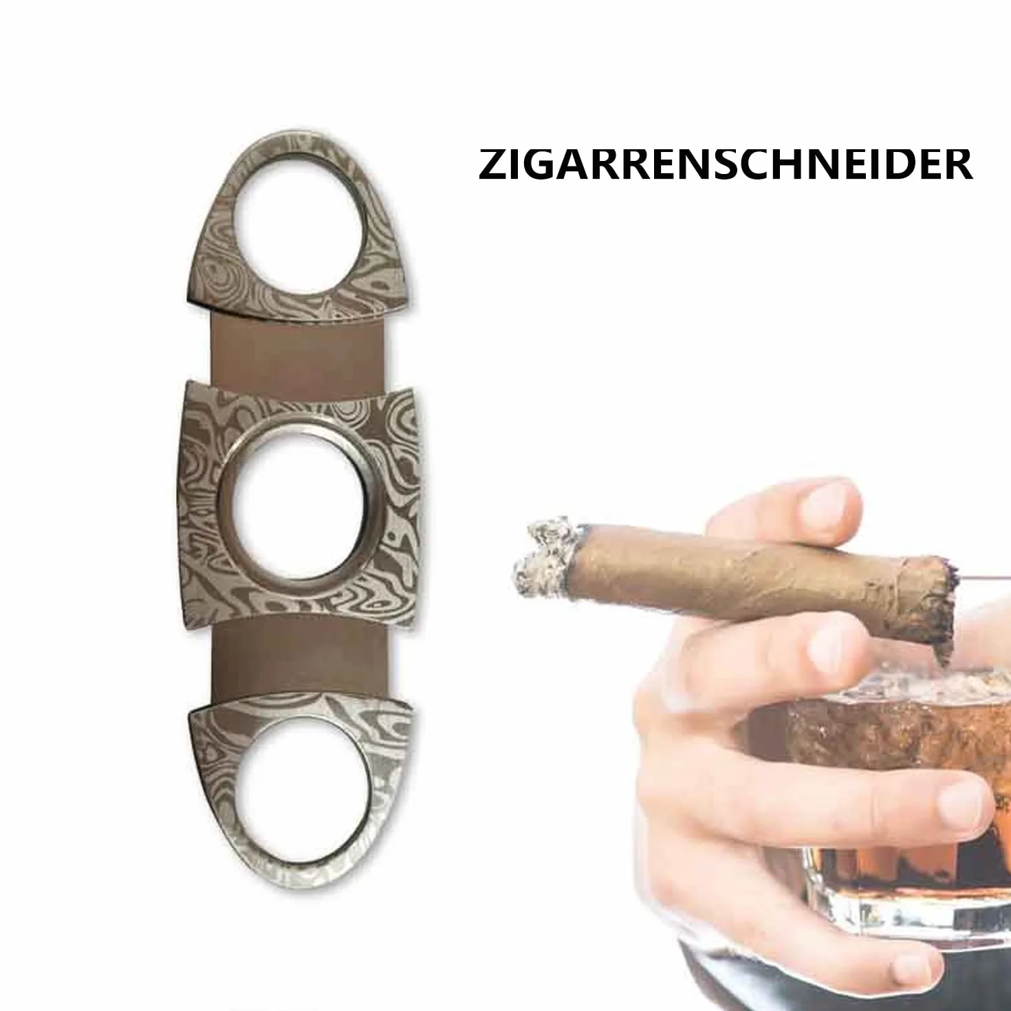 CAM2 Srebrny Damast obcinacz do cygar dwuostry nóż