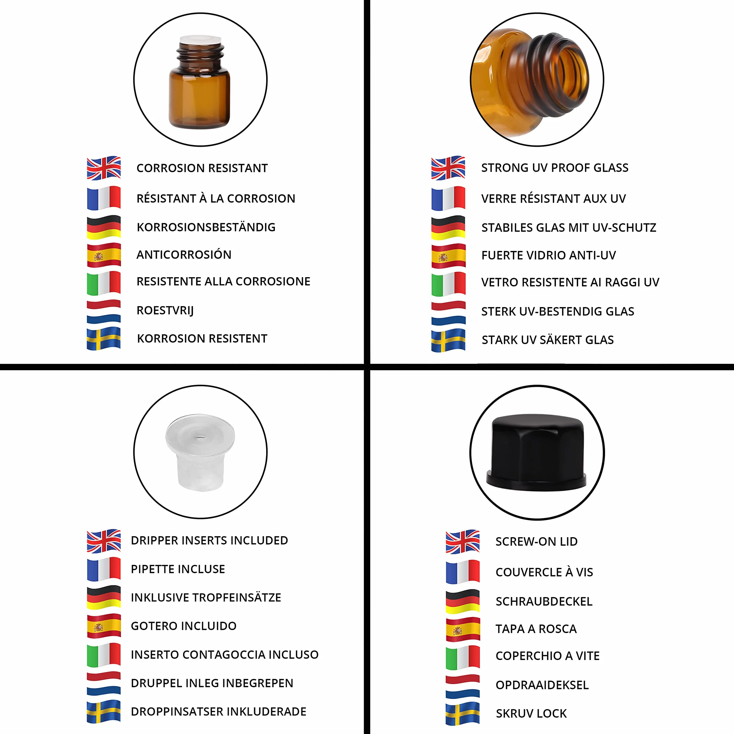 BELLE VOUS butelki na próbki olejków eterycznych 1 ml szkło bursztynowe z zakraplaczami