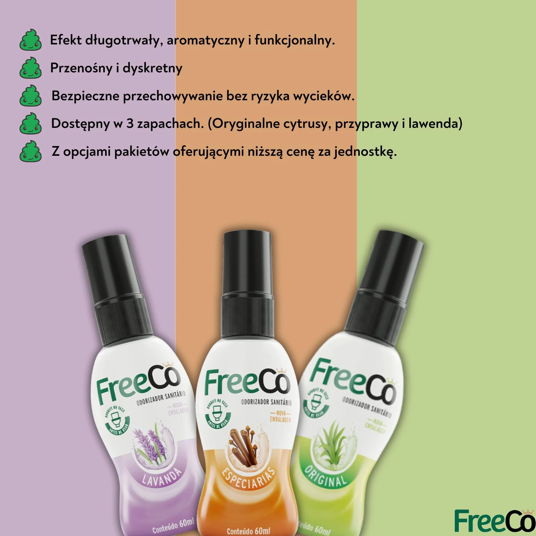 Freeco Spray do WC Przed Użyciem | Blokuje zapach, z Olejkami Eterycznymi | Idealny do Domu, Biura i w Podróży | Opakowanie 1x60ml, Oryginalny Zapach Cytrusowy