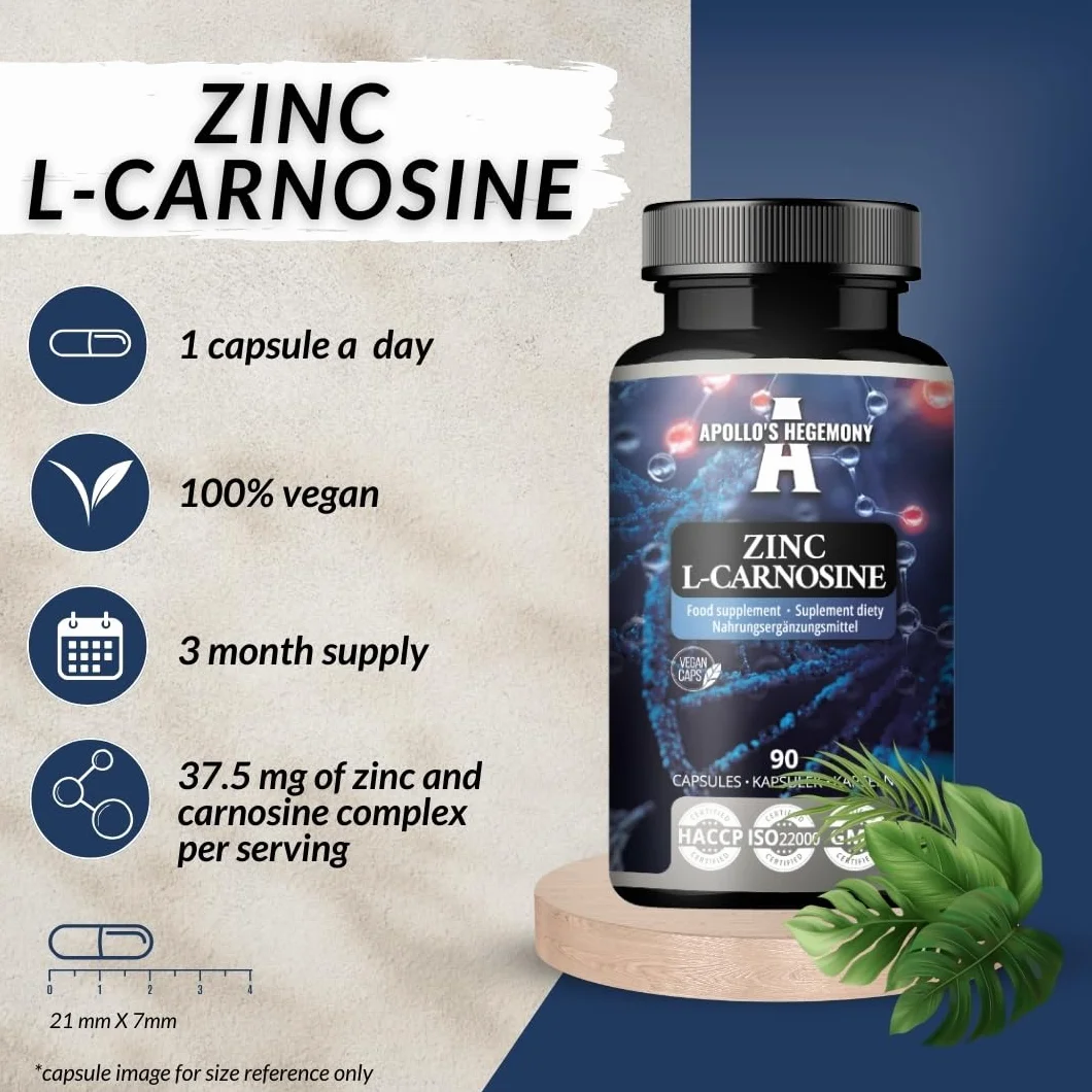 Cynk L-karnozyna 37,5 mg w kapsułce - 90 kapsułek wegańskich - zapas na 3 miesiące - dla zdrowia skóry, włosów i paznokci - suplement od Apollo's Hegemony