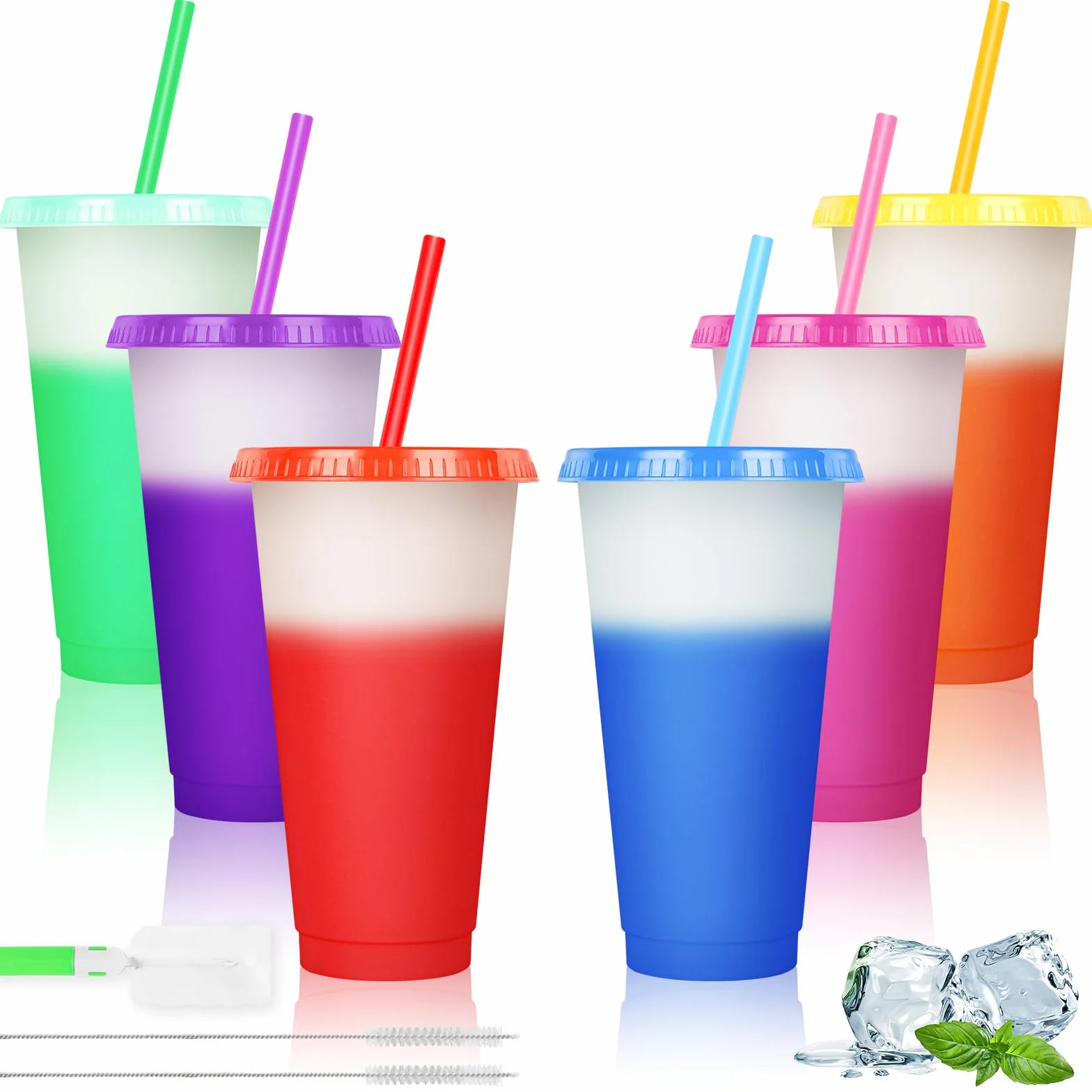 Zestaw 6 sztuk kubków zmieniających kolor 710 ml BPA free plastik podróżny z pokrywką i słomką
