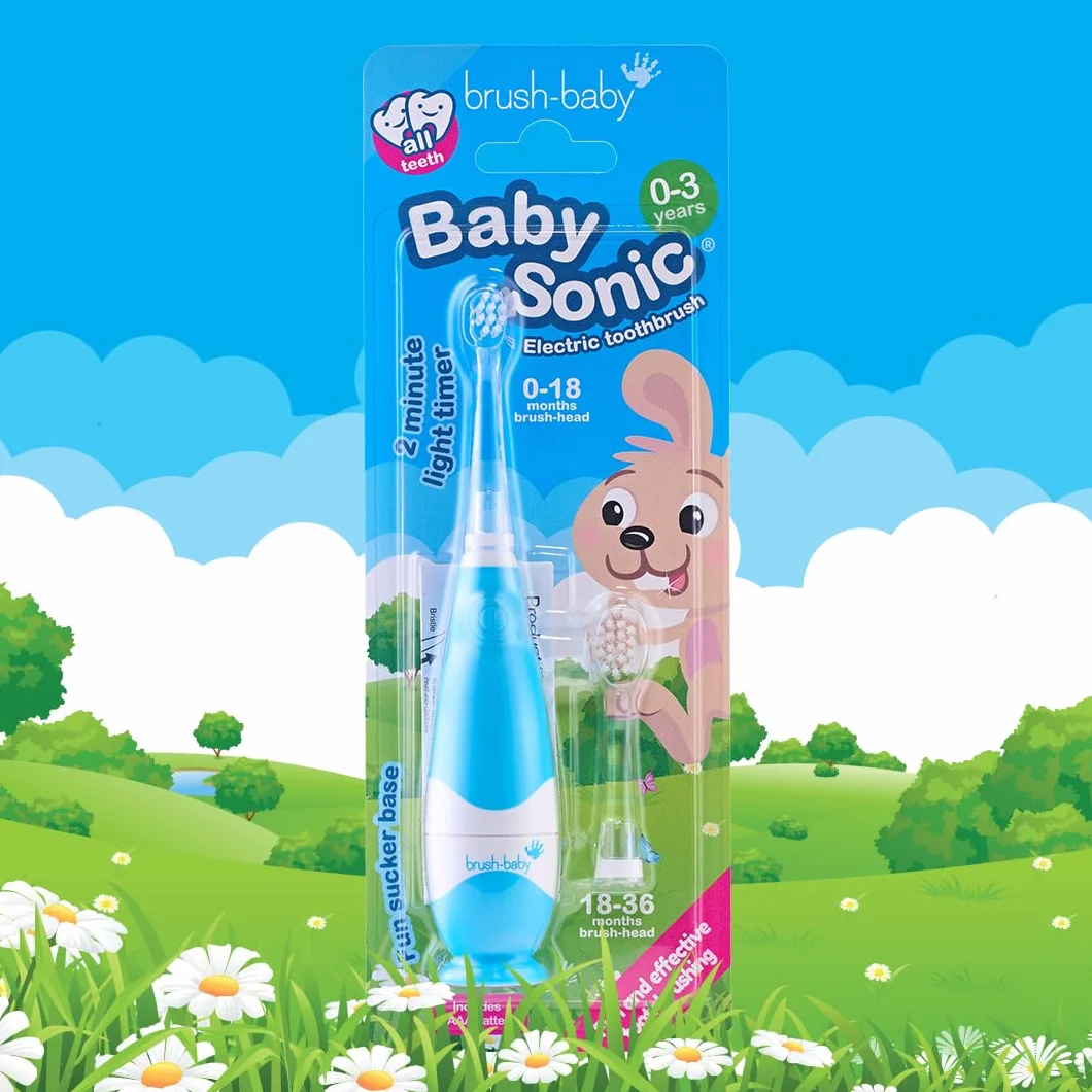 Brush-baby BabySonic elektryczna szczoteczka do zębów dla małych dzieci, bardzo miękkie włosie, timer 2-minutowy i podświetlana głowica szczoteczki do zębów dla dzieci w wieku 0-3 lat, niebieska