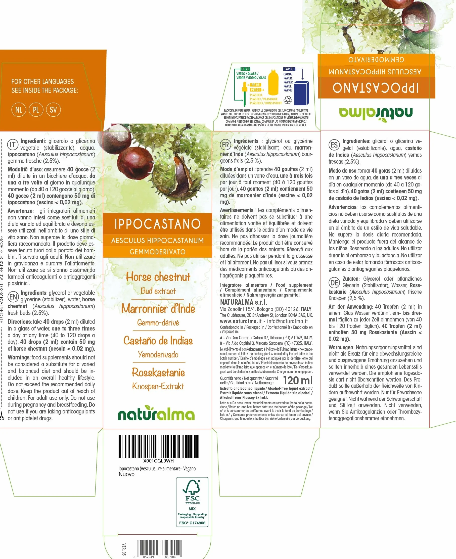 Kasztanowiec pospolity (Aesculus hippocastanum) Bezalkoholowy ekstrakt ze świeżych pączków Naturalma - Płynny ekstrakt w kroplach 120 ml - Suplement diety - Wegański