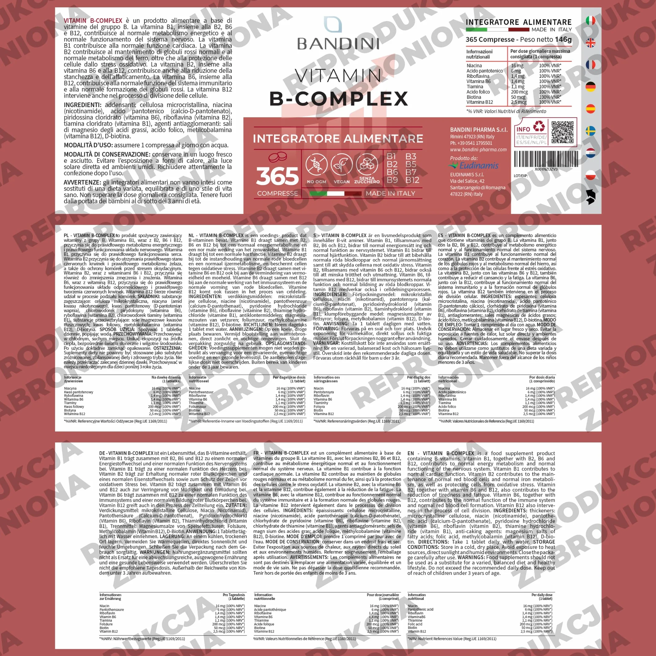 Bandini® Kompleks witamin B w dużych dawkach - 365 tabletek wegańskich (na 1 rok) - Kompleks witamin grupy B z kwasem foliowym, biotyną, B1, B2, B3, B5, B6, B12 - Kompleks witamin B bez GMO