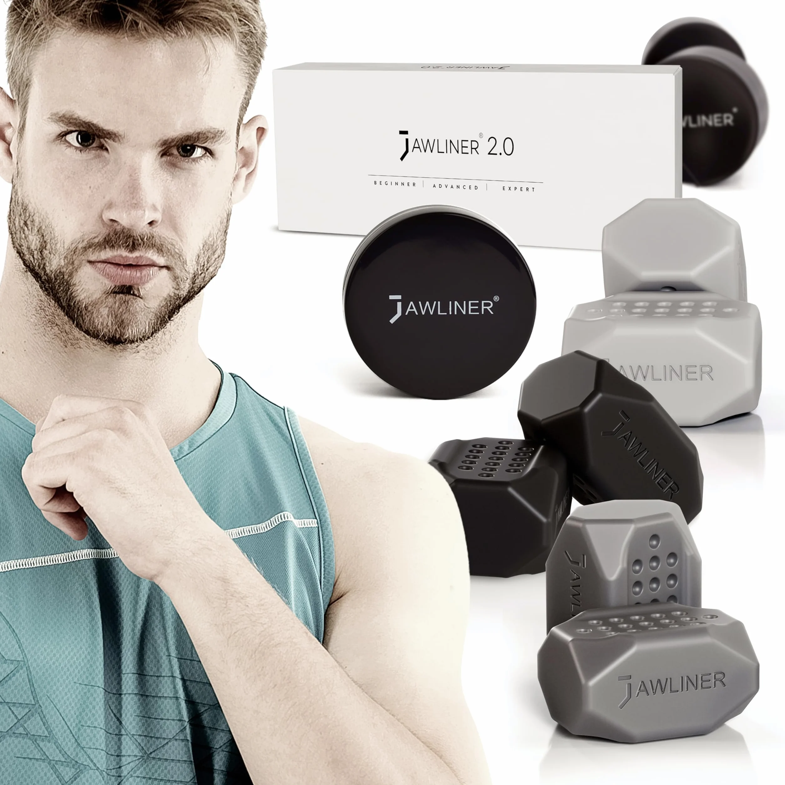 Jawliner® Trener Szczęki dla Mężczyzn i Kobiet – 3 Poziomy Oporu – Redukcja Podwójnego Podbródka – 100% Silikon Spożywczy – Wzmacnia Szczękę, Twarz i Szyję