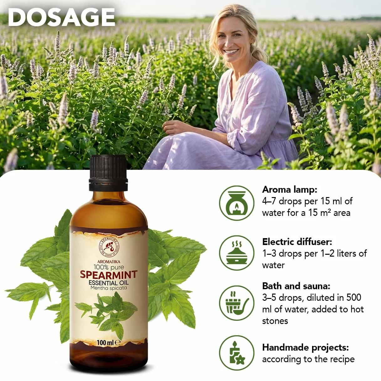Spearmint Essential Oil 100ml - Mentha Spicata - 100% Natural - Good for Relax - Calming - Good Night - Home Fragrances - Beauty - SPA - Diffuser - Aroma Lamps