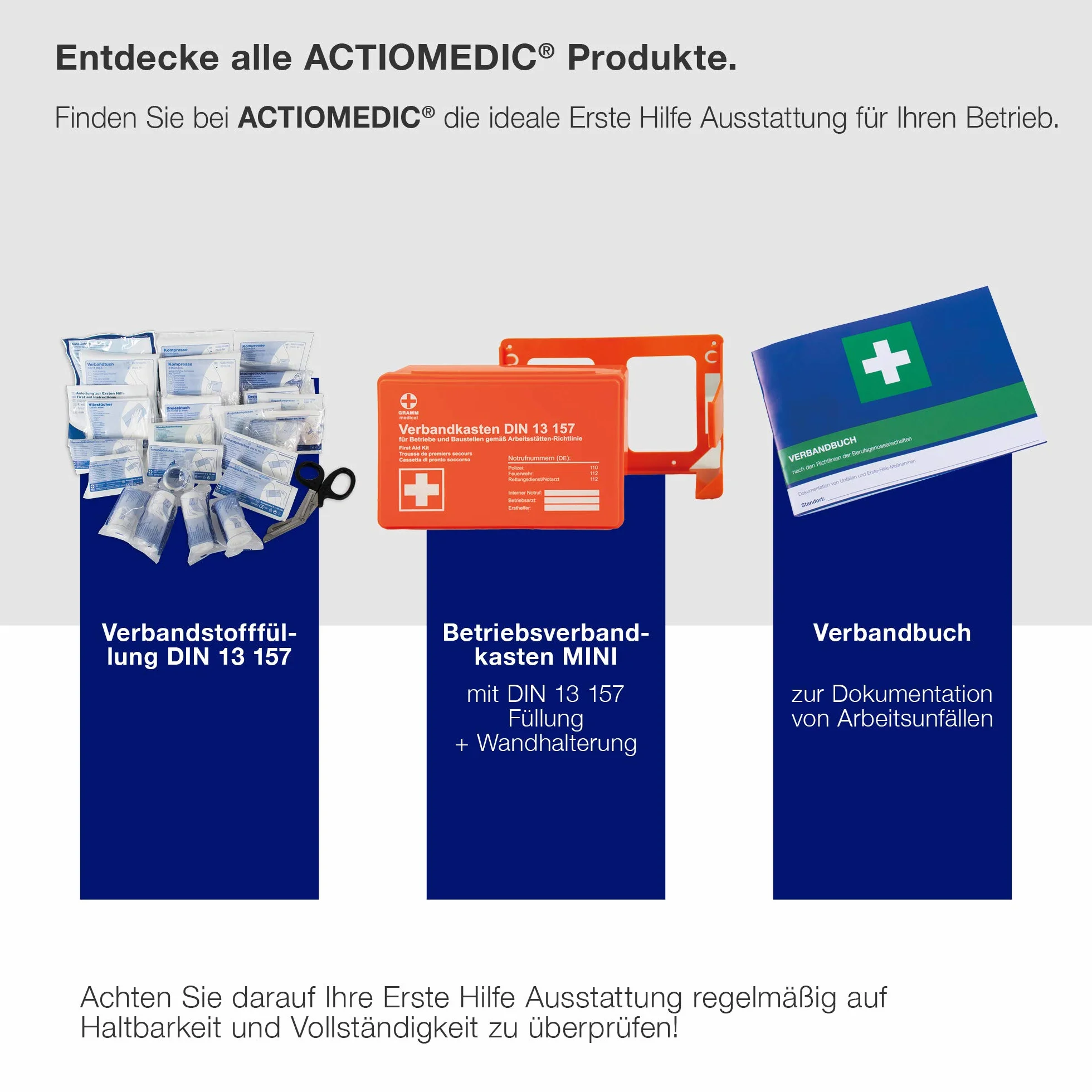 ACTIOMEDIC I Mobilny i stacjonarny zestaw zapasowy z uchwytem ściennym, DOMINO DIN 13157:2021, Opatrunki hipoalergiczne, wielojęzyczne etykietowanie, nośniki wizualne, 28x12x20 cm