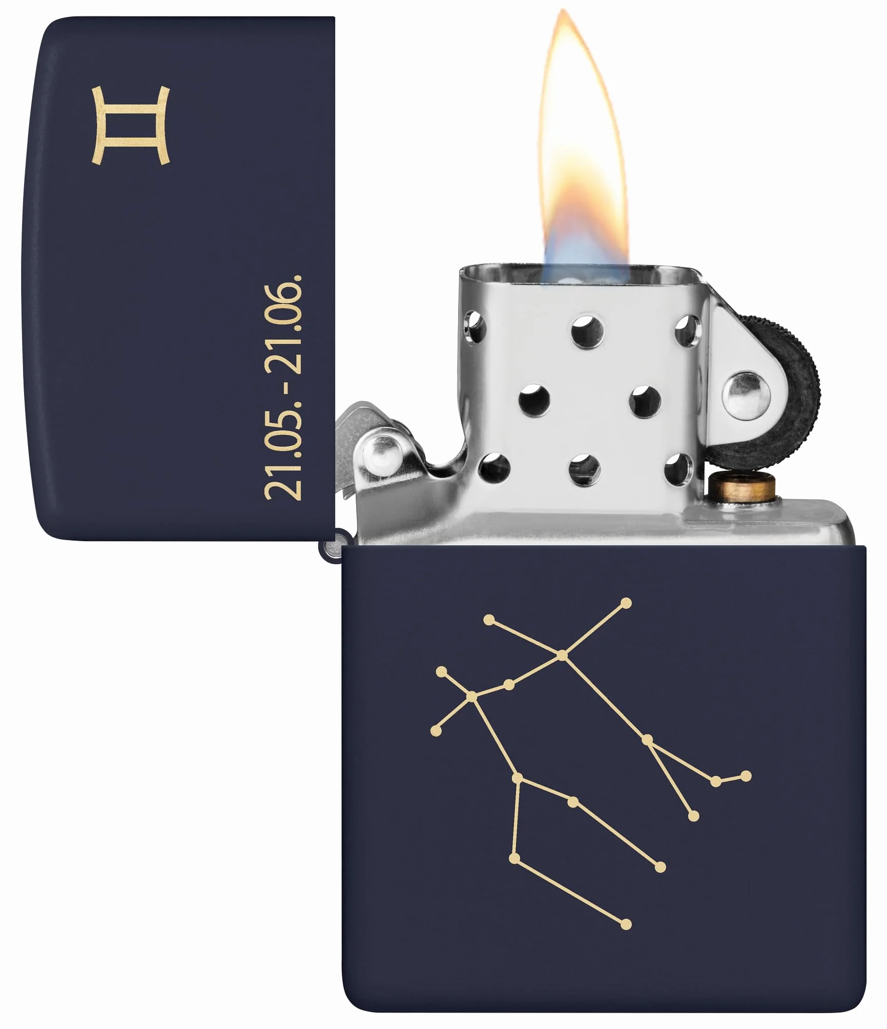 Zippo Zodiac Bliźnięta Zapalniczka Sztormowa, Grawerowanie Laserowe, Wielokrotnego Użytku, do Napełniania, Wiatroodporna Konstrukcja, Pudełko na Prezent, Wykonano w USA, Kolor Granatowy Matowy