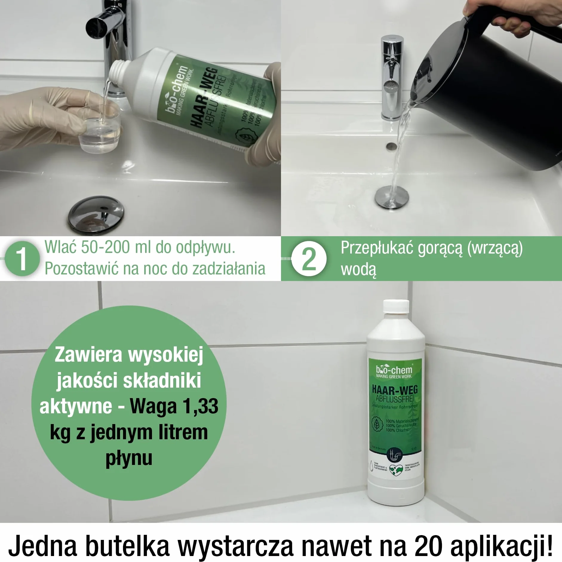 bio-chem - Odblokowanie odpływu 2 x 1L - ekspresowa formuła niezwykle skuteczna w walce z zatorami i włosami - do prysznica, wanny, szamba, umywalki, kuchni, syfonu