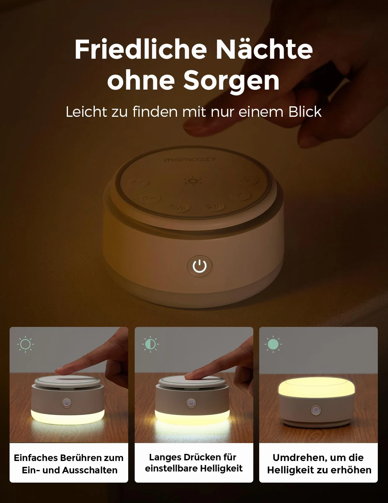 Momcozy Geräuschmaschine dla niemowląt 20 Kojących Dźwięków Dotykowe Światło Przenośny Biały Hałas Timer Do Zasypiania Żółty