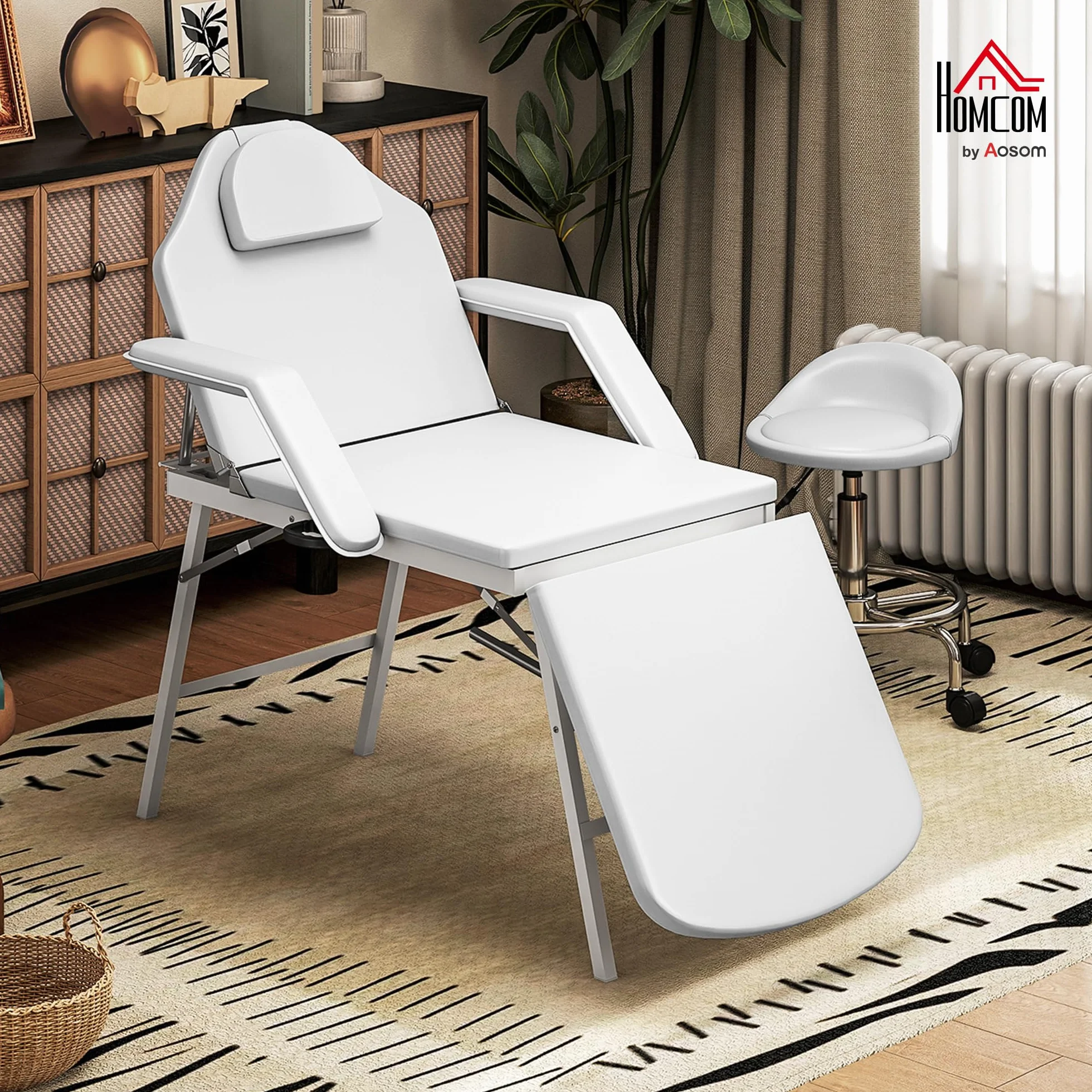 HOMCOM Portable Massage Table 3 Section Adjustable Beauty Bed Foldable with Headrest Padded Armrests White