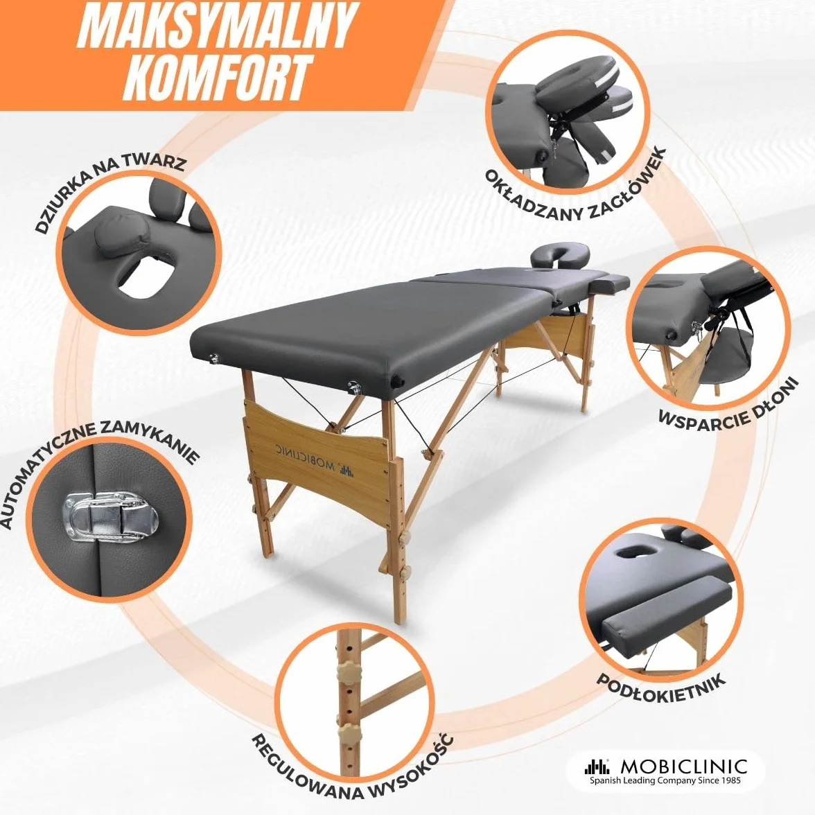 Mobiclinic® Łóżko do Masażu Składane 186x60 cm Czarny Drewno Przenośne