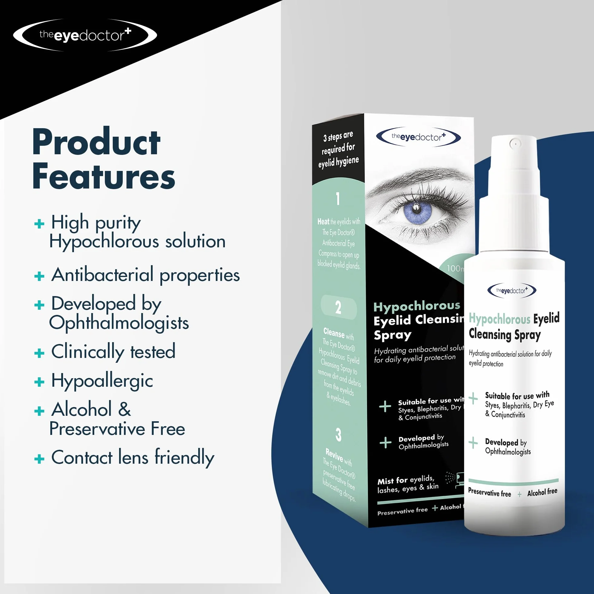 The Eye Doctor Hipochlorous Spray do oczyszczania powiek – hipoalergiczny spray do oczu o właściwościach antybakteryjnych do suchych oczu, zapalenia powiek i MGD, konserwujący i bezalkoholowy, przyjazny dla soczewek kontaktowych, 100 ml