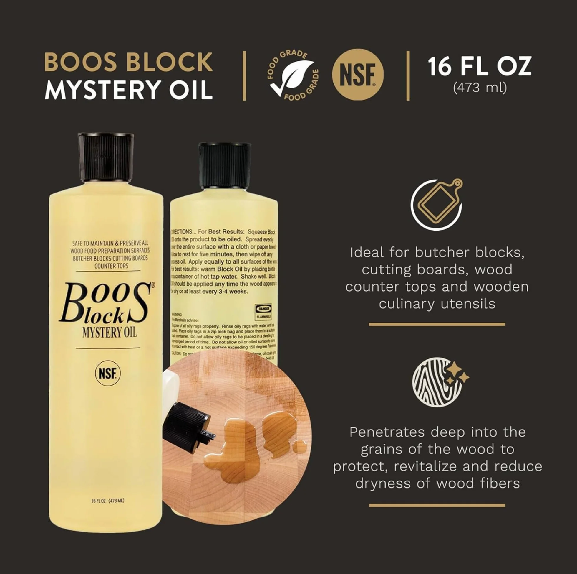 Boos Blocks® Mystery Oil olejek pielęgnacyjny, 473 ml; bezpieczny dla żywności olej do deski do krojenia, bloku mielonego, blatu kuchennego, przyborów kuchennych i wielu innych..