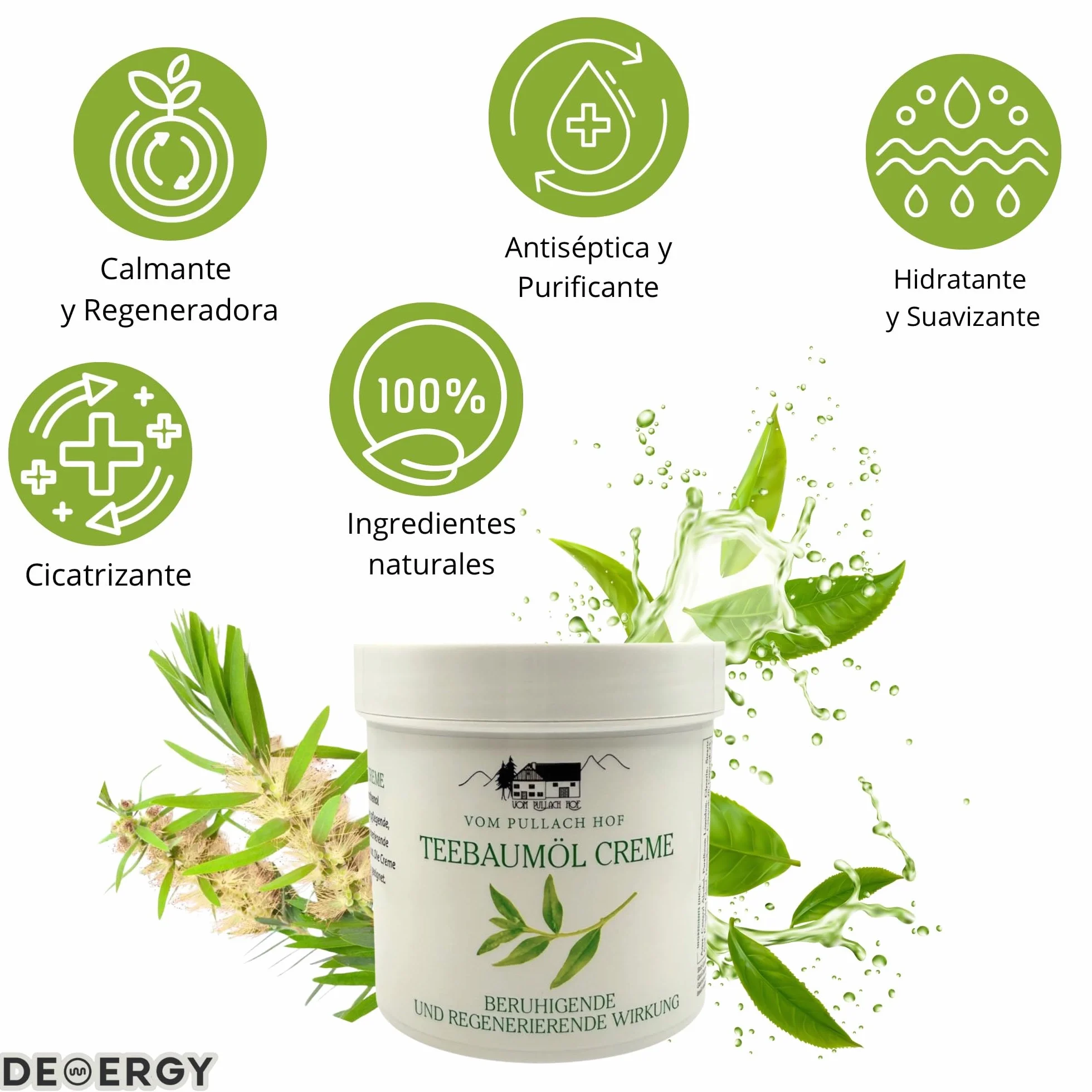 DEMERGY Naturalny krem z olejkiem z drzewa herbacianego, 250 ml, nawilżający krem do twarzy i ciała, do skóry ze skłonnością do trądziku, antyseptyczny, kojący, testowany dermatologicznie, łagodzi