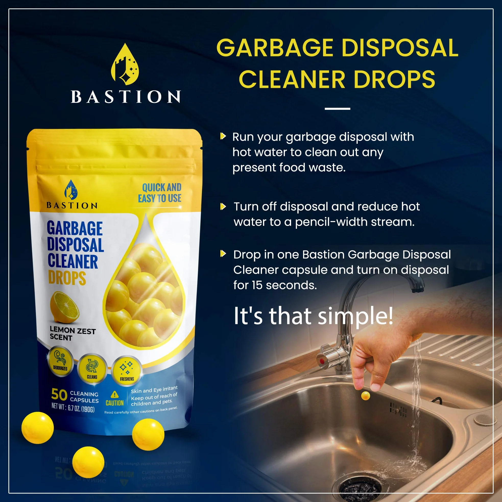 Garbage Disposal Cleaner and Deodorizer Drops- [[50-Count]] Lemon Zest Scented Kitchen Sink Freshener Pods & Drain Odor Eliminator Disposer Care Balls by Bastion