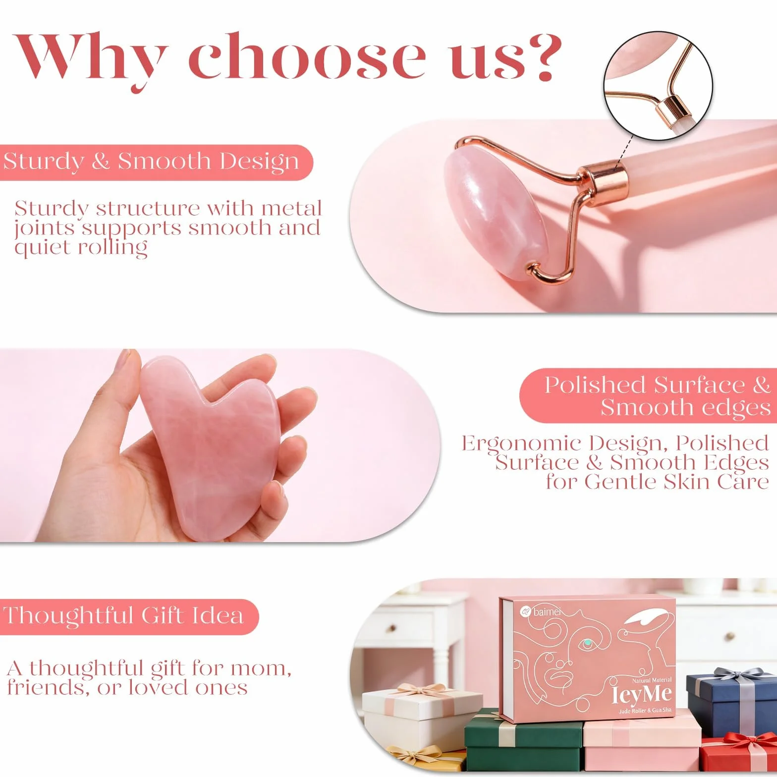 Gua Sha Scraping narzędzie do masażu,jadeitowa płytka do masażu, naturalny jadeit, Narzędzia do pielęgnacji skóry, BAIMEI Rose Quartz Massager do twarzy, oczu, szyi
