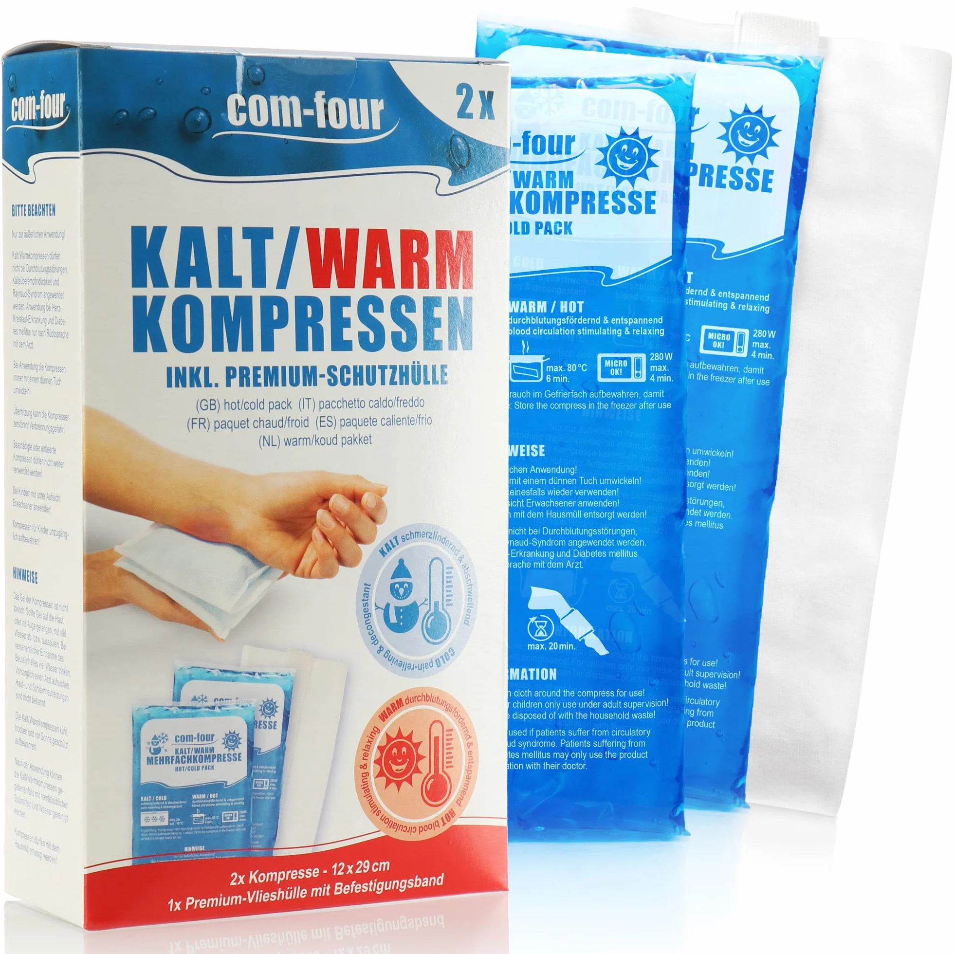 com-four® 2x duze wielokrotne kompresy z zelowym opakowaniem chlodzacym Made in Germany