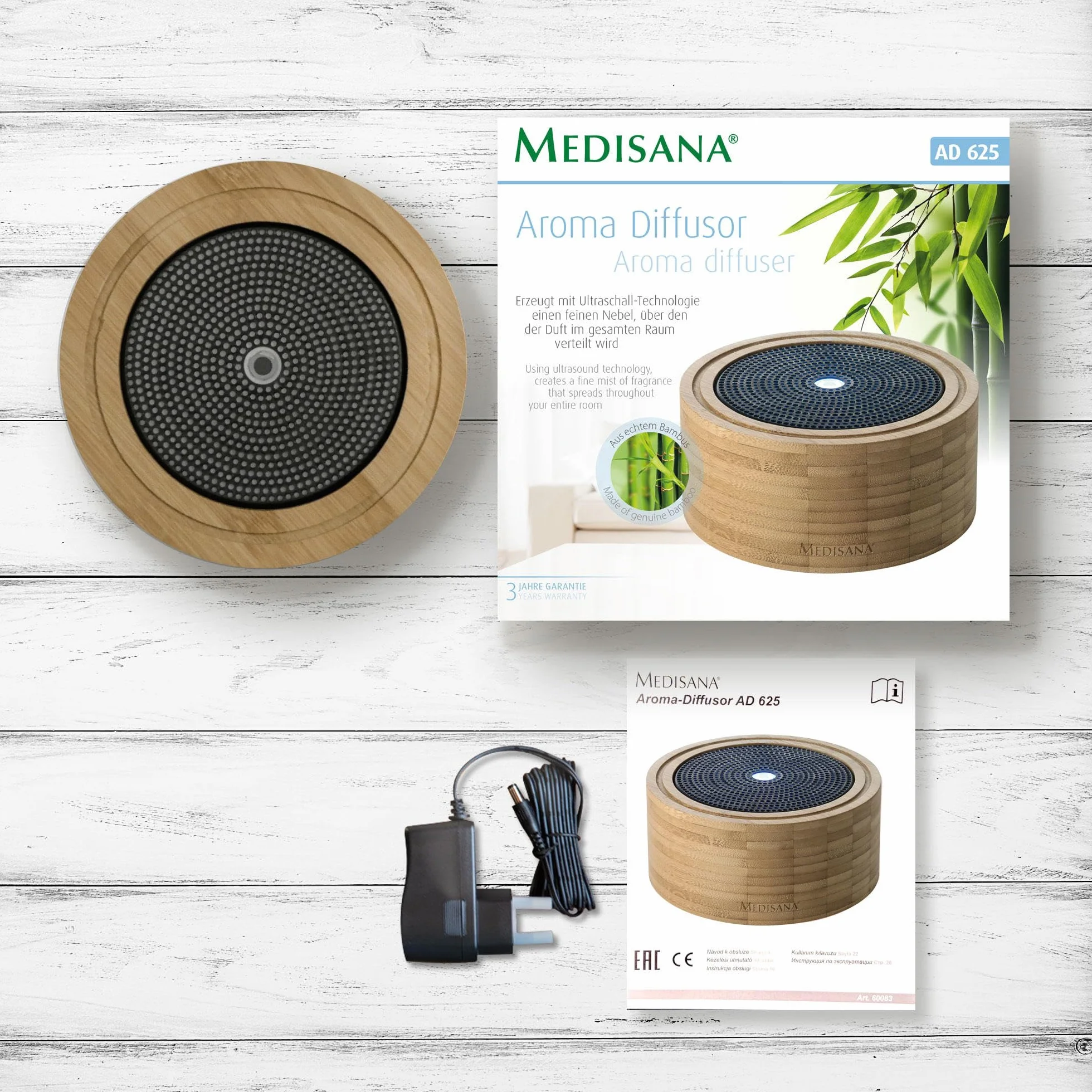medisana AD 625 Dyfuzor Aromatyczny Bambusowy, Odświeżacz Powietrza, Lampa Fragrance z Timerem, Elektryczny Dyfuzor Zapachowy, Olejki Zapachowe, Wellness Light w 6 Kolorach, 100 ml