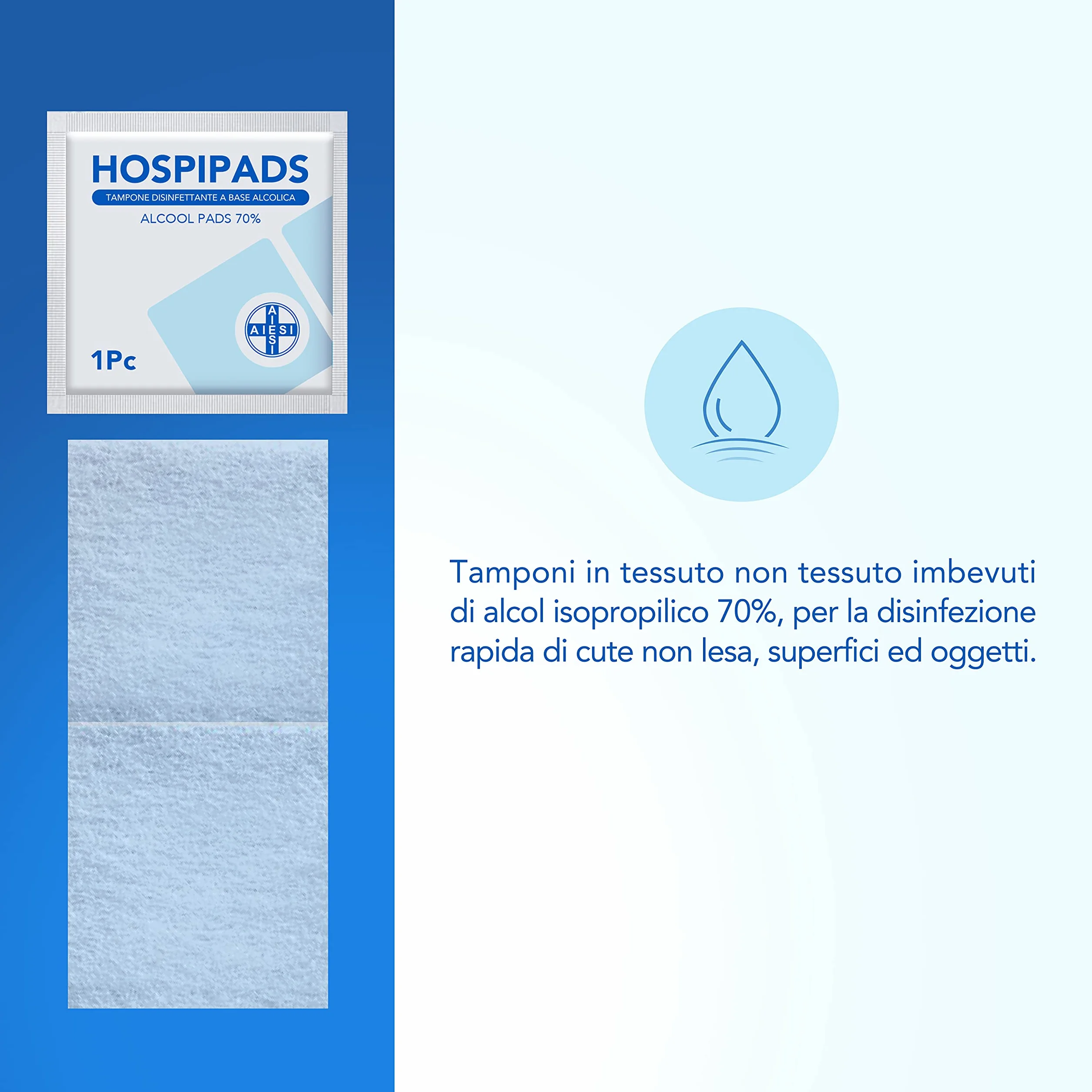 Chusteczki dezynfekcyjne 70% alkohol izopropylowy 65x30 mm 2x100 sztuk AIESI® HOSPIPADS
