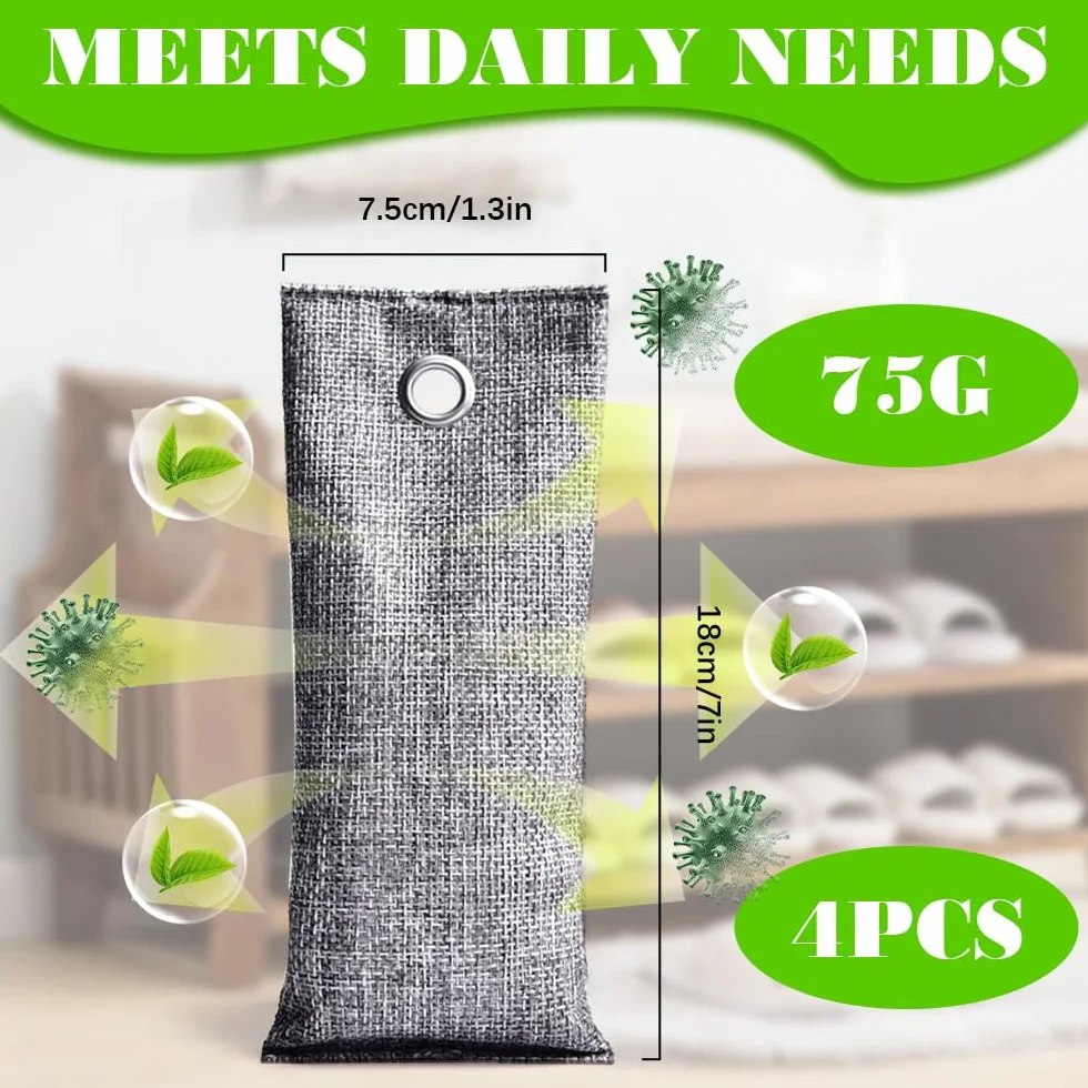 Worki z węglem aktywnym, 4 sztuki, 75 g, worki do oczyszczania powietrza z węgla bambusowego, węgiel aktywny, środek do usuwania nieprzyjemnych zapachów butów, zapobiega powstawaniu