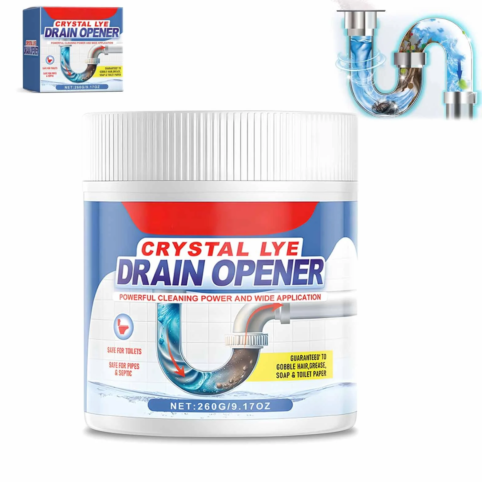 Crystal Lye Drain Opener,Multifunction Powerful Pipe Dredging Agent,260g Crystal Lye Drain Opener Powder,for Unclog Drains,Bathroom Sinks, Kitchen Sinks,Shower Pipes (1)