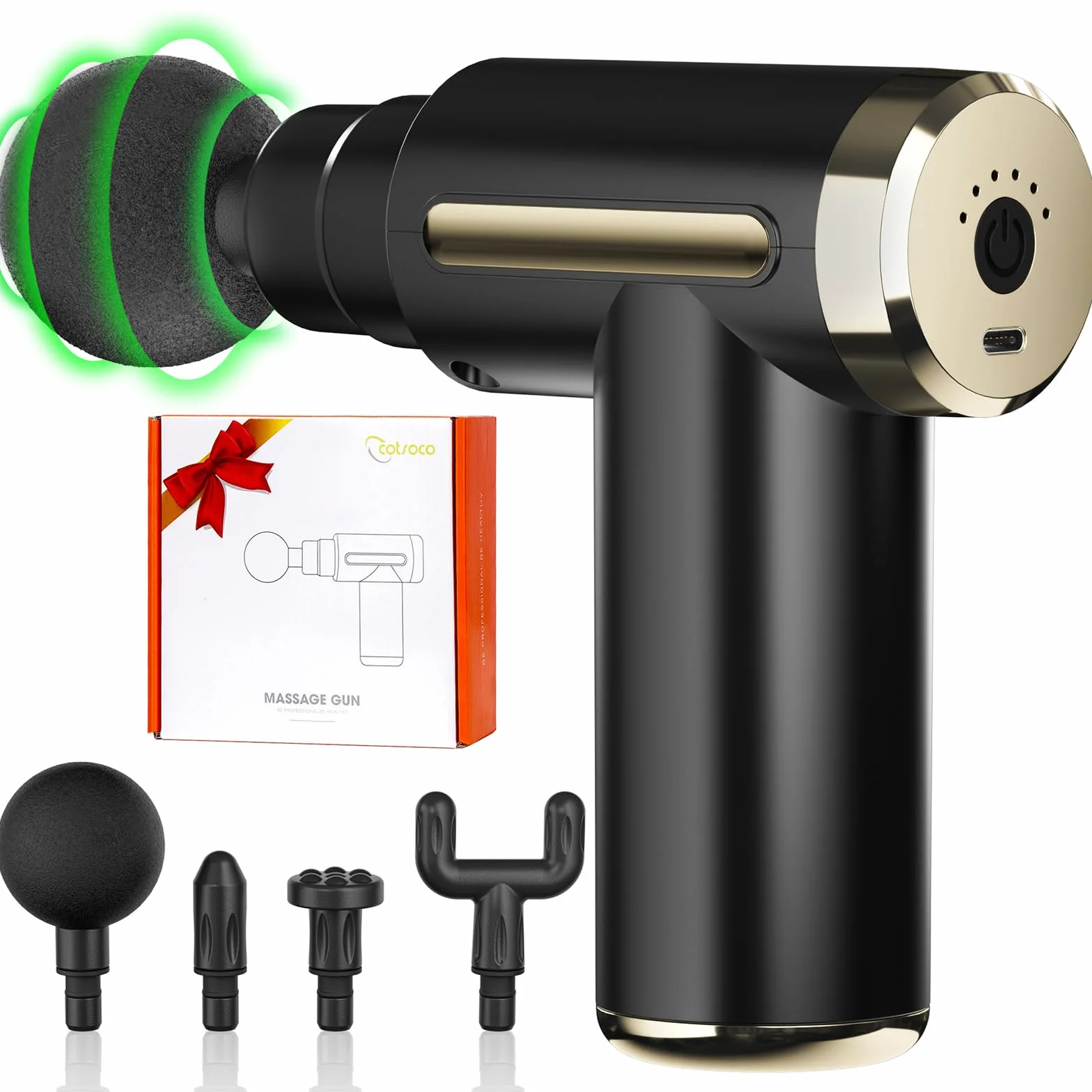Cotsoco mini pistolet do masażu bezprzewodowy 6 prędkości 1800 mAh ładowanie USB-C 4 głowice