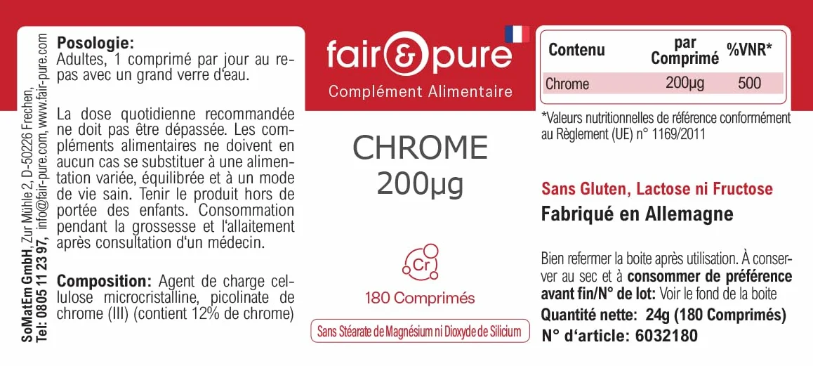 Tabletki chromu Fair & Pure 200 μg, 180 tabletek, wegański suplement diety bez dodatków, wyprodukowano w Niemczech