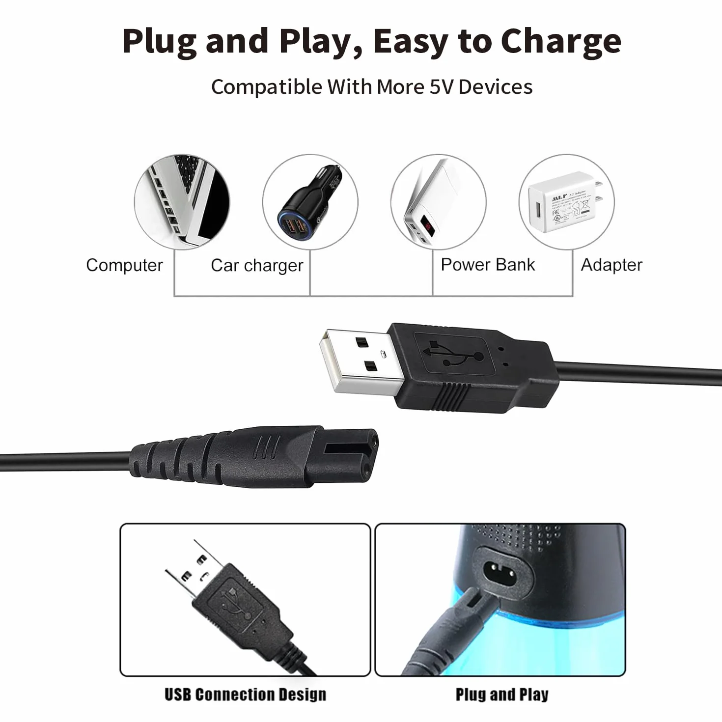 Kabel USB do ładowania irygatora wodnego do Hangsun, COSLUS, Aquasonic, Nicefeel, Oralfree, MOSPRO, Cremax, Tovendor, Insmart, Zerhunt, przenośny, bezprzewodowy irygator jamy ustnej, 1,2 m (czarny)