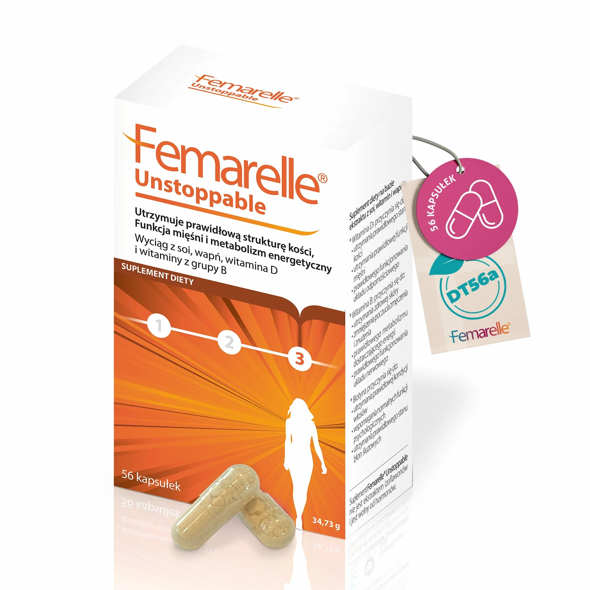 Femarelle Unstoppable 56 kapsułek – Wsparcie po menopauzie z DT56a, witaminą B2, D3, biotyną i wapniem