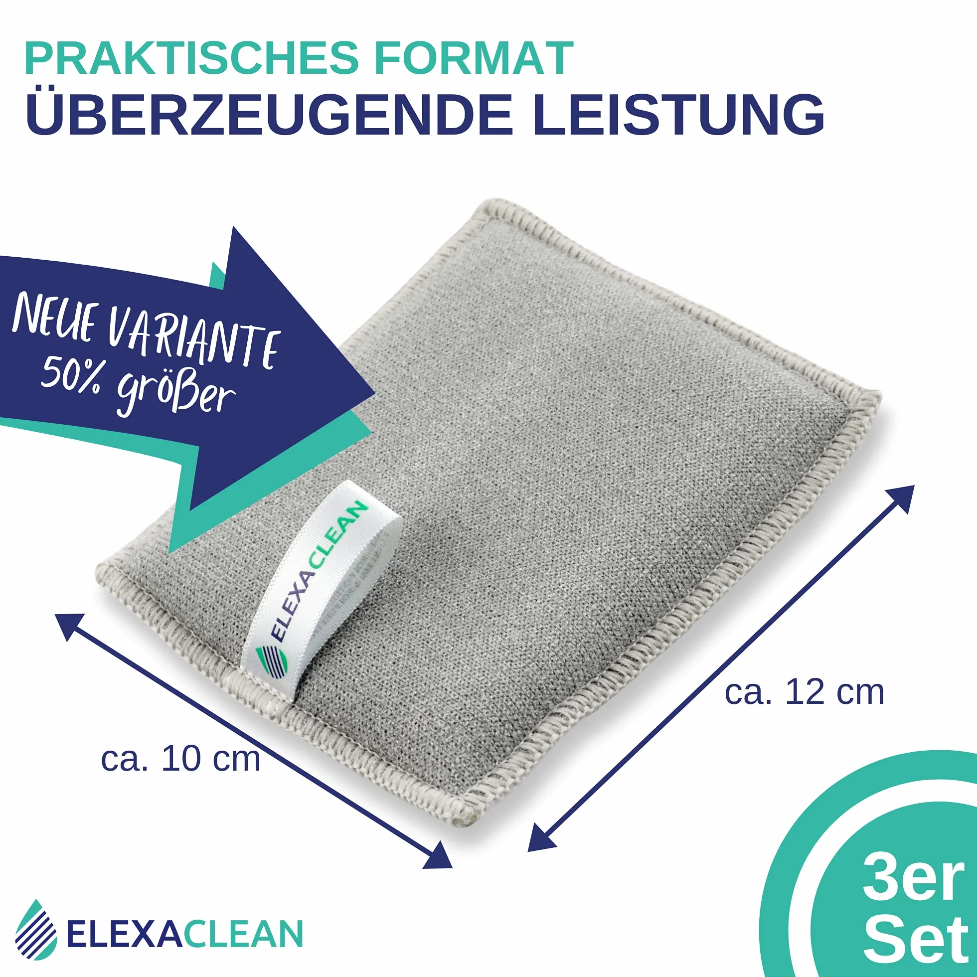 ELEXACLEAN gąbka kuchenna 3 szt., zmywak do garnków do prania i wielokrotnego użytku, mikrofibra do kuchni i domu, (12x10 cm (large), jasnoszara)