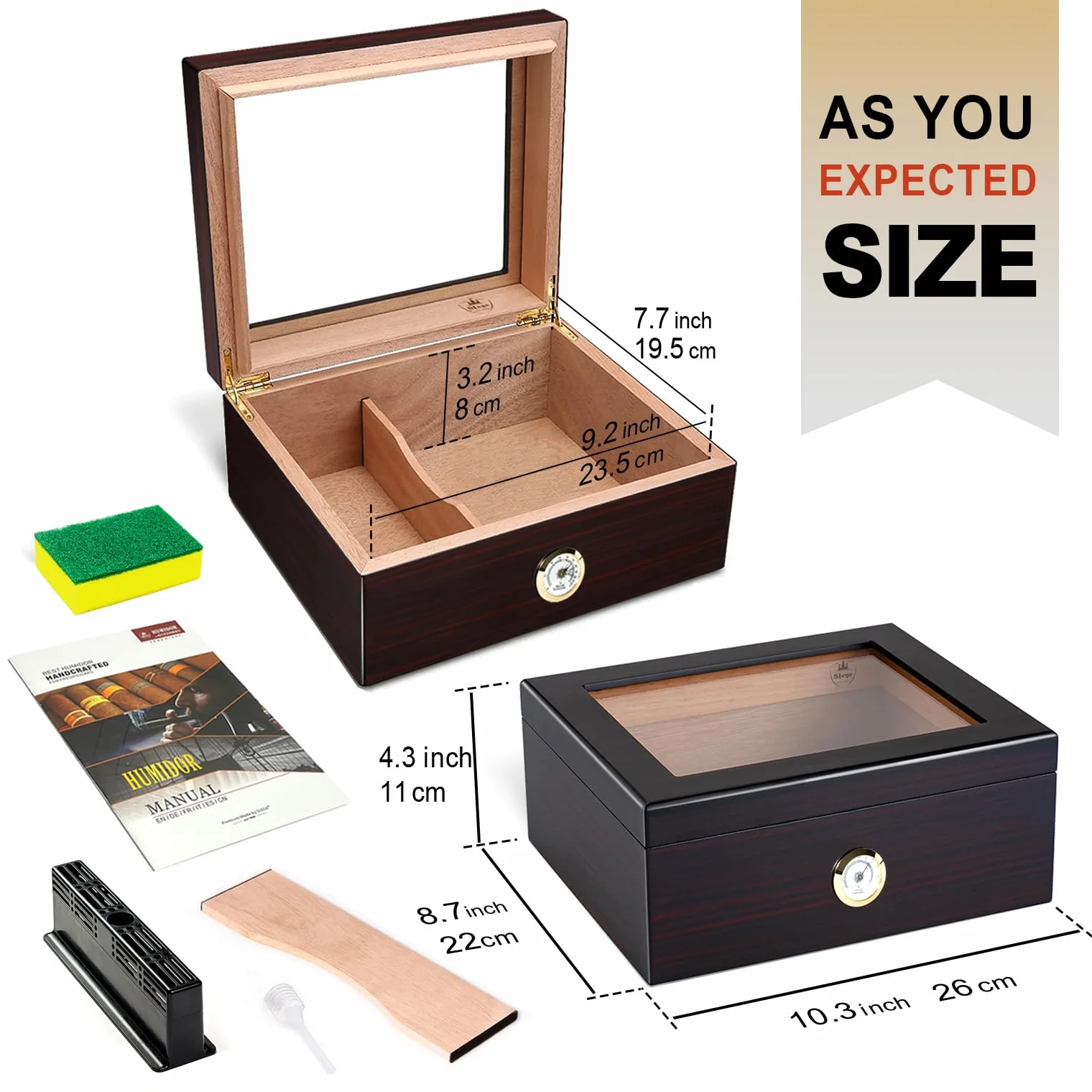 Humidor do Cygar Ręcznie Wykonany Hiszpania rdzeń cedrowy Nawilżacz Rozdzielacz Higrometr Czarny 30-50 cygar