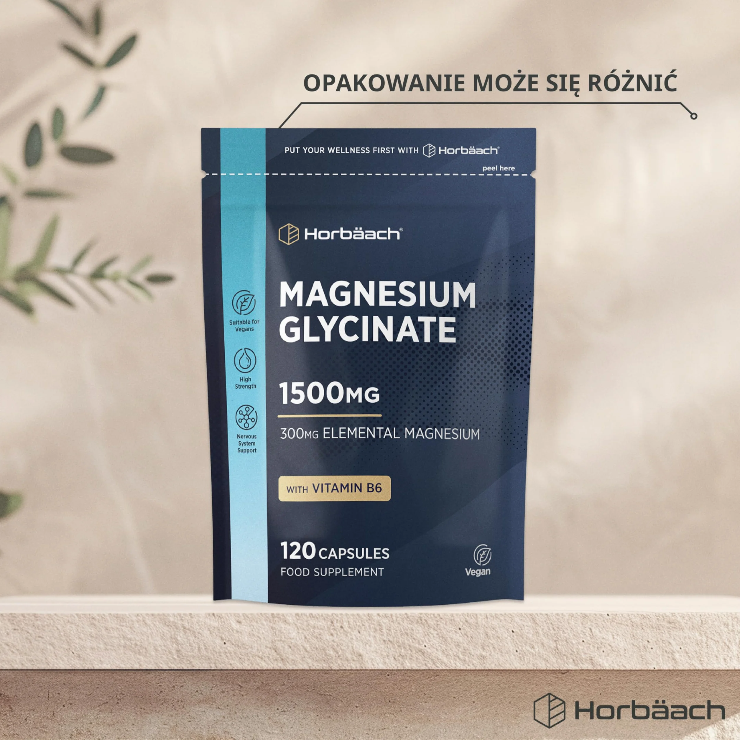 Glicynian Magnezu 1500 mg + Witamina B6 | Bisglicynian Dostarczający 300 mg Czystego Magnezu Elementarnego | 120 Kapsułek | 100% Wegańskie | marki Horbaach