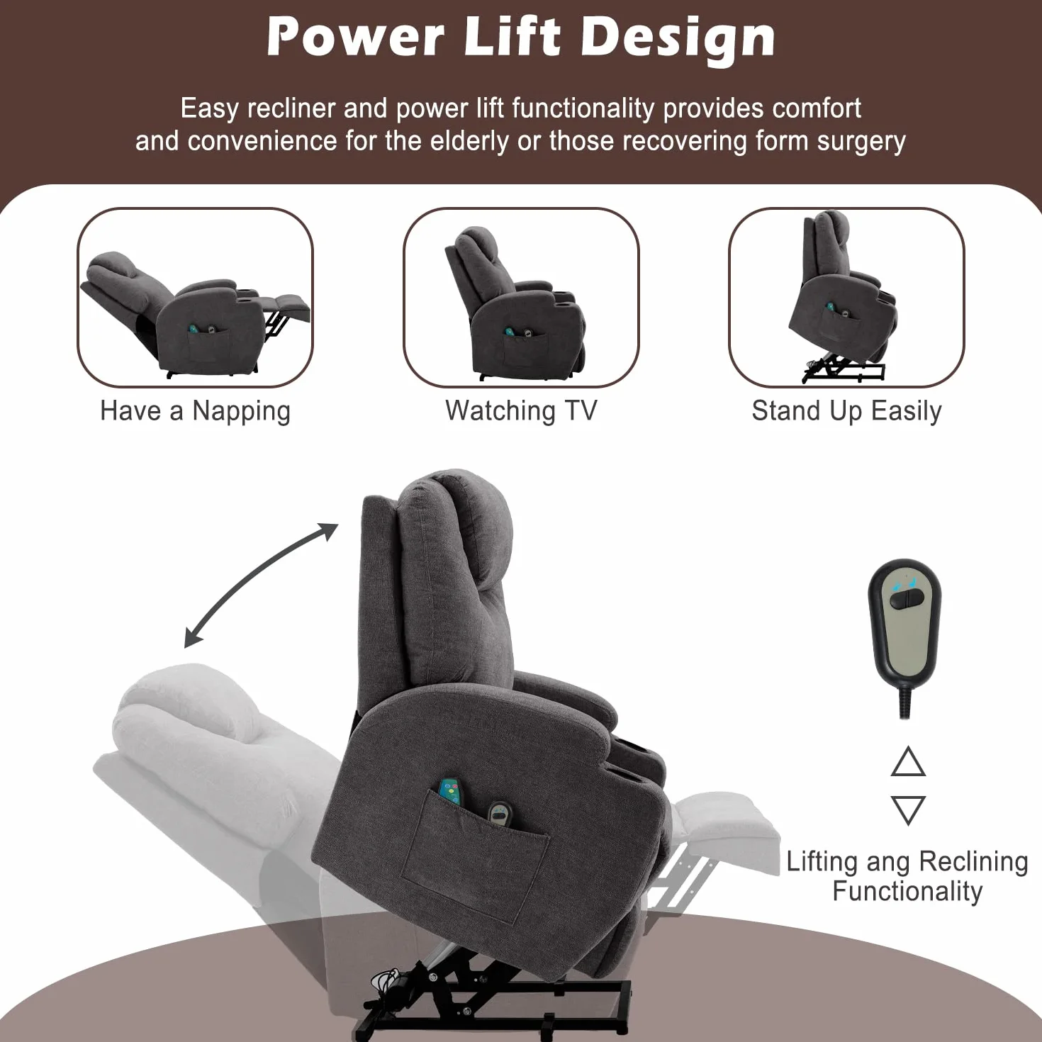 Power Lift Fotel do masażu dla osób starszych, elektryczny fotel podnoszący z ciepłem i masażem, sofa z tkaniny z 2 uchwytami na kubki, boczne kieszenie sterujące do salonu, dostępne w Irlandii