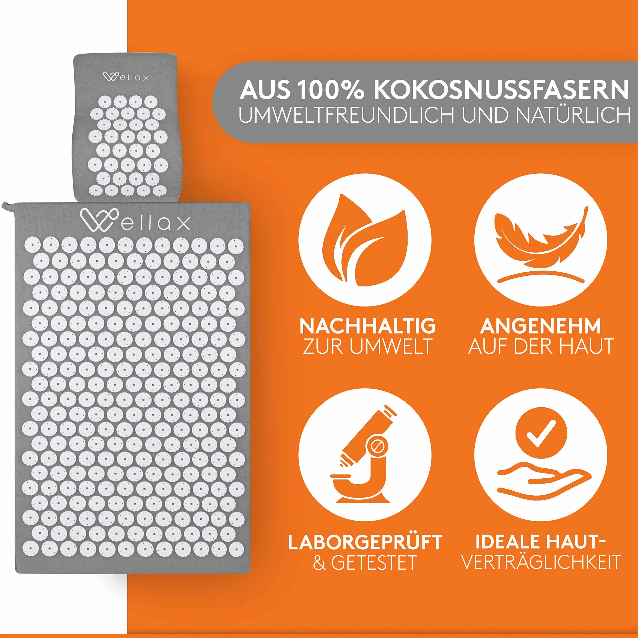 Wellax [Oryginał] – mata do akupresury z poduszką – wypełniona 100% włóknami kokosowymi – łagodzi napięcia i wspomaga krążenie krwi – mata do masażu z poduszką do akupresury – wyróżniona od