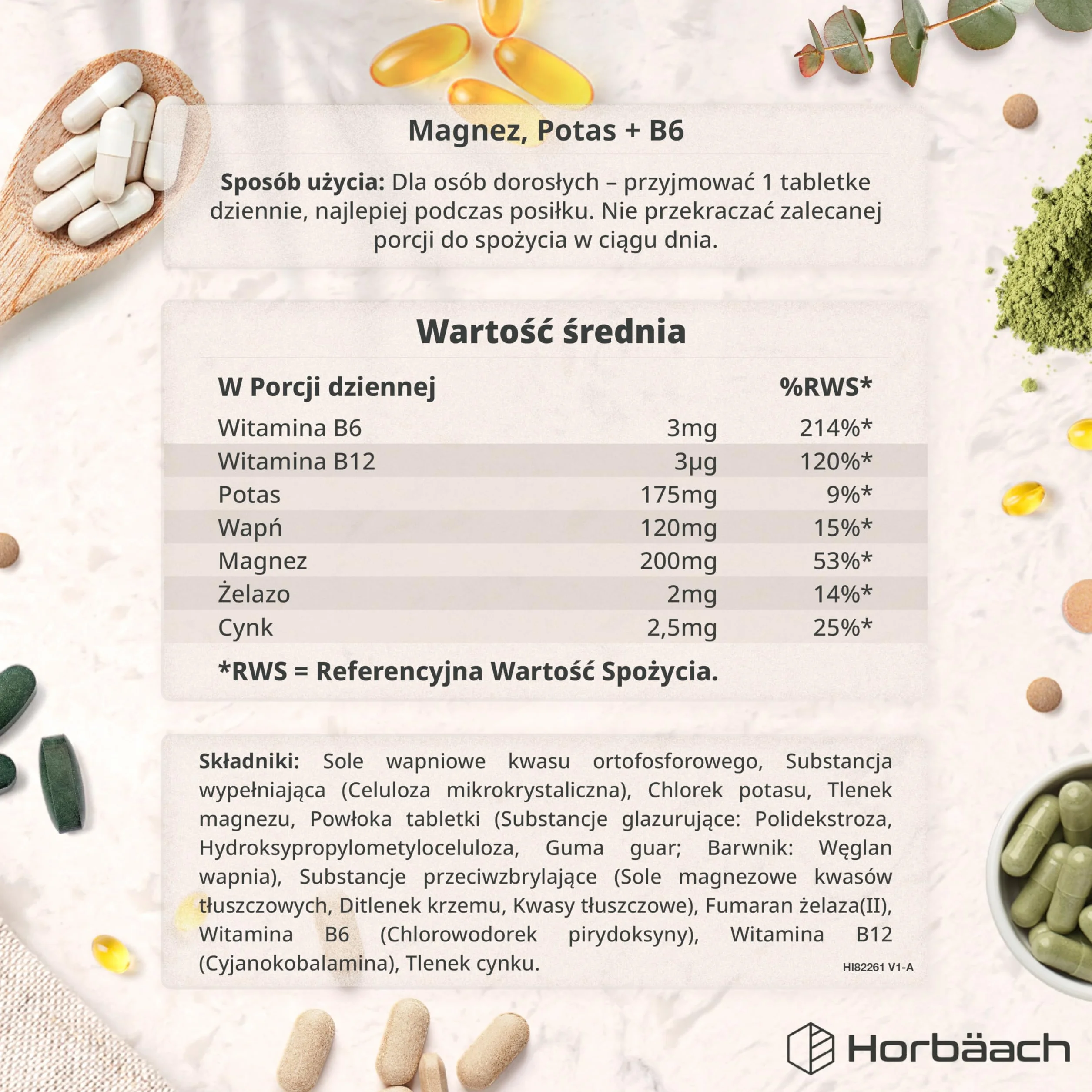 Magnez, Potas i Witamina B6 w Tabletkach | Kompleks z Cynkiem, Wapniem, Witaminą B12 i Żelazem | Kompleks Witamin i Minerałów | 180 Wegańskich Tabletek - Zapas Na 6 Miesięcy | marki Horbaach