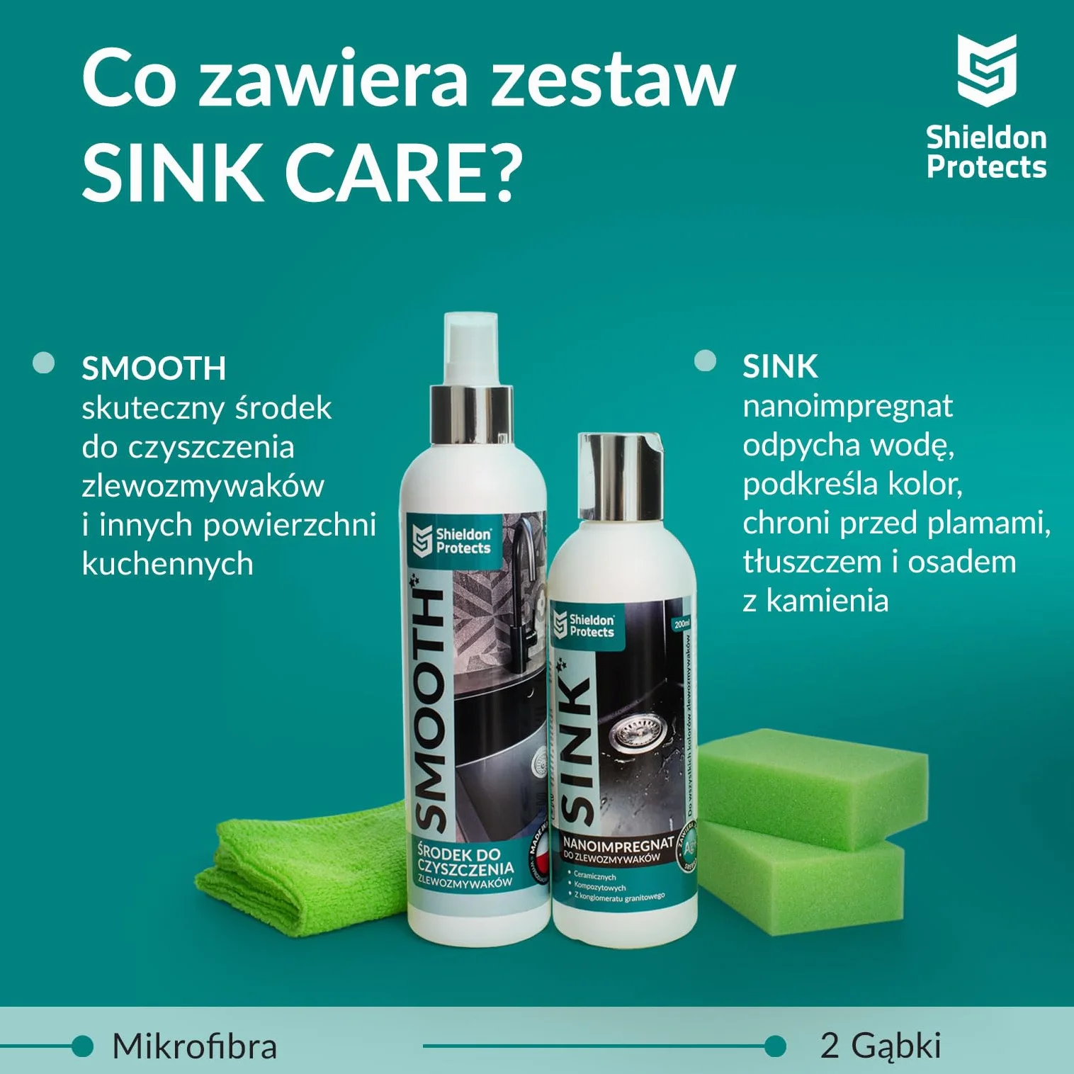Zestaw do czyszczenia i pielęgnacji zlewozmywaków Shieldon Protects Sink Care - Impregnat do zlewu granitowego + płyn do czyszczenia - usuwa codzienne zabrudzenia, wydobywa kolor, nabłyszcza i chroni