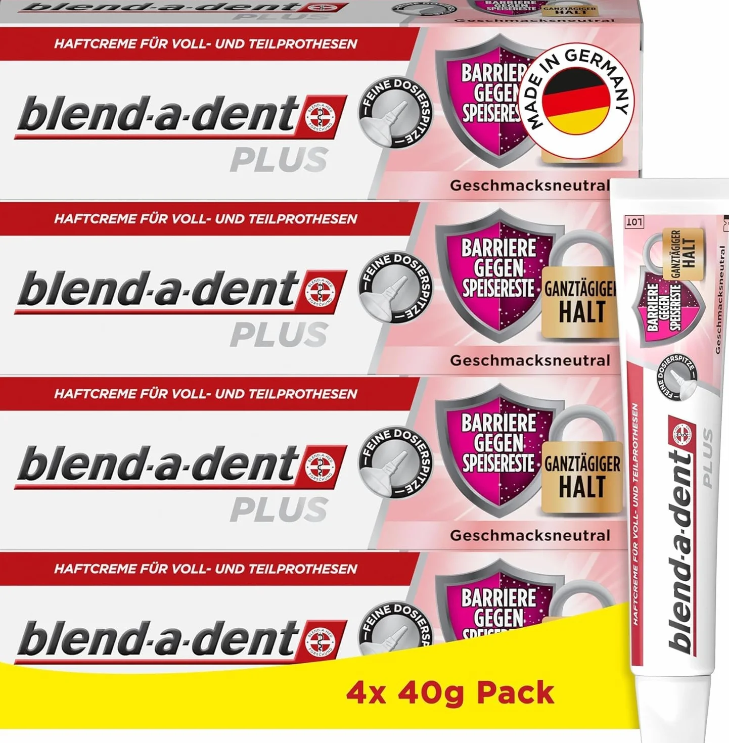 Blend-a-dent Plus Barriere krem samoprzylepny do protez pełnych i częściowych, wyprodukowano w Niemczech, neutralny smakowo, 4 x 40 g, pomarańczowy