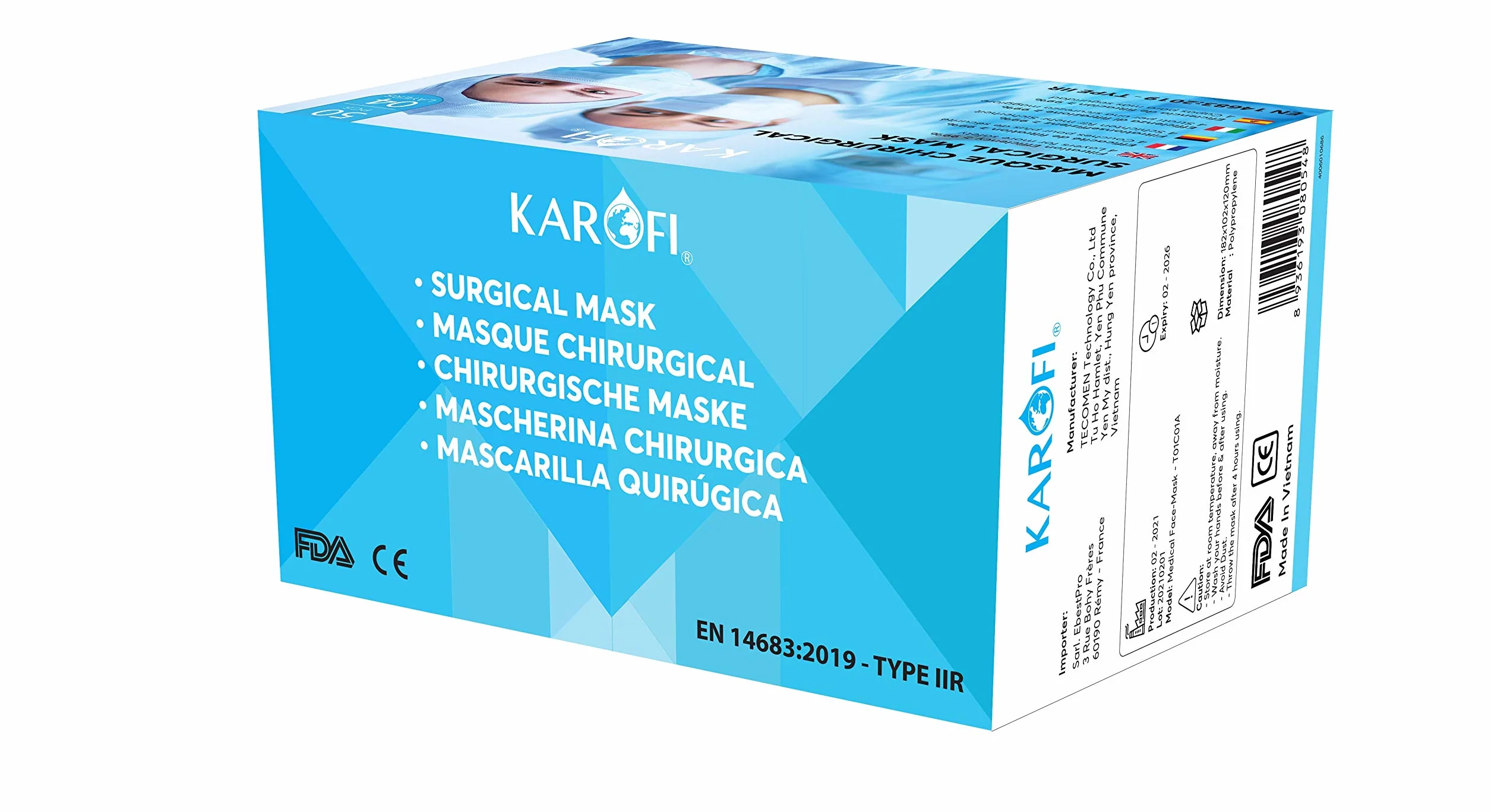 KAROFI - Medyczne maski chirurgiczne typu IIR (II R, 2R), 4 warstwy, BFE > 99%, sprawdzone i dopuszczone do użytku zgodnie z normą EN14683: 2019, pudełko 50 sztuk
