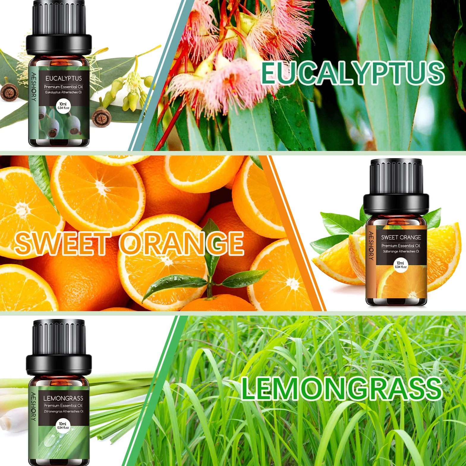 AESHORY Olejki Eteryczne Do Dyfuzorów 6 x 10ML, 100% Naturalny Zestaw Olejków Zapachowych Do Aromaterapii Do Mydła, Świec, Spa - Lawenda, Mięta, Drzewo Herbaciane, Słodka Pomarańcza, Eukaliptus