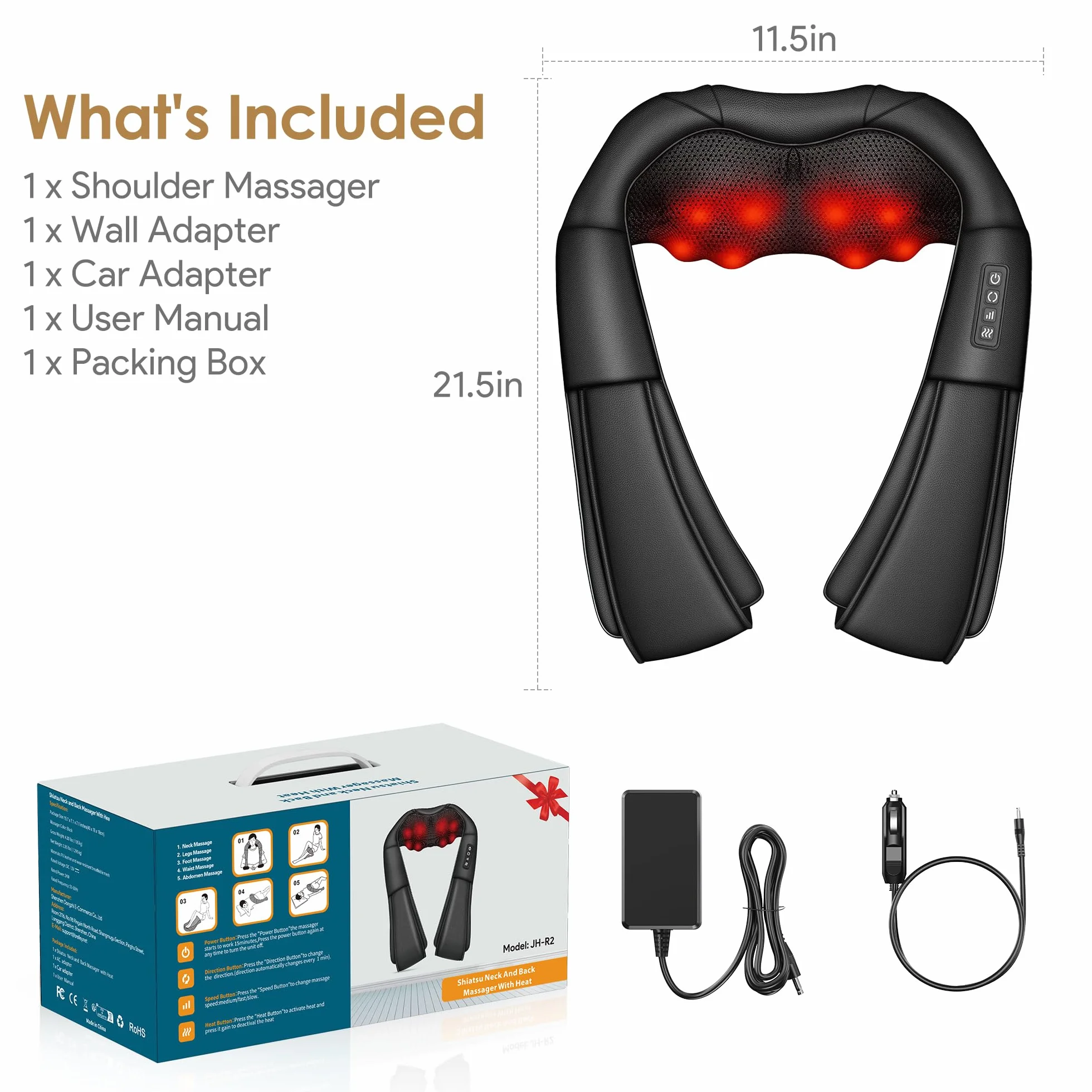 Masażer do Karku, Brelley Urządzenie do Masażu Pleców, Ramion, Ogrzewaniem 3D, Shiatsu Masażer Łagodzi Bóle Mięśni, Prezent dla Kobiet, Mężczyzn (czarny)